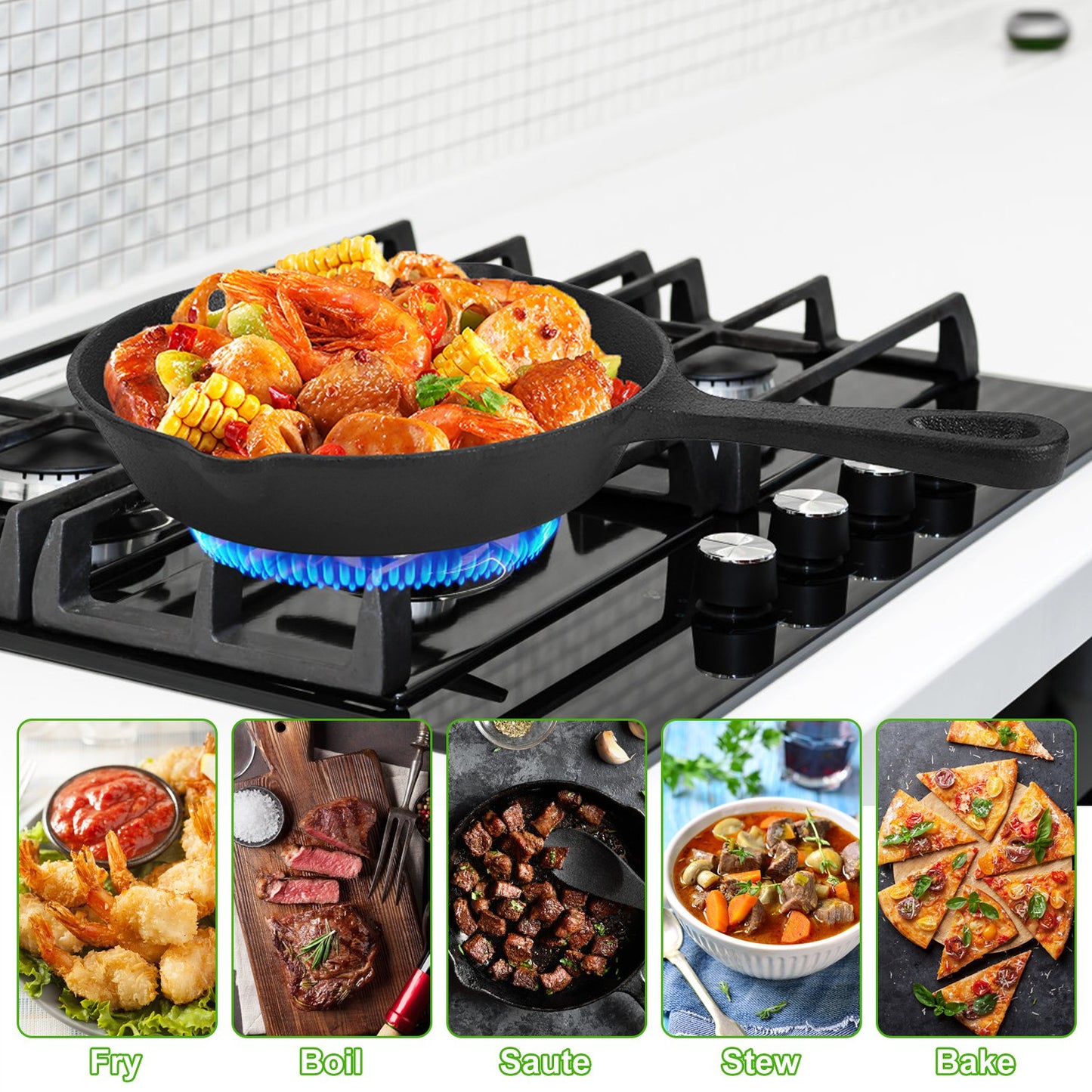 Pre-Seasoned Cast Iron Skillet Set - 3 Pcs (6in, 8in, 10in)