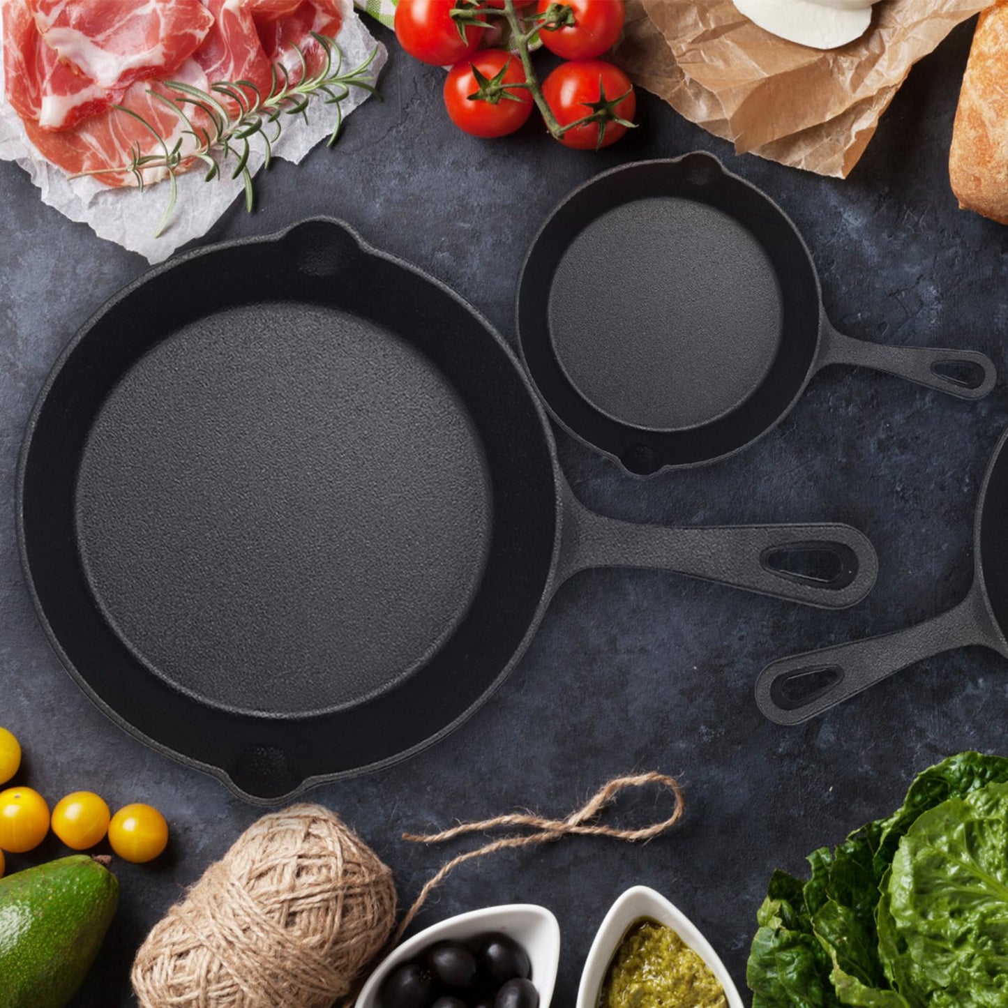 Pre-Seasoned Cast Iron Skillet Set - 3 Pcs (6in, 8in, 10in)