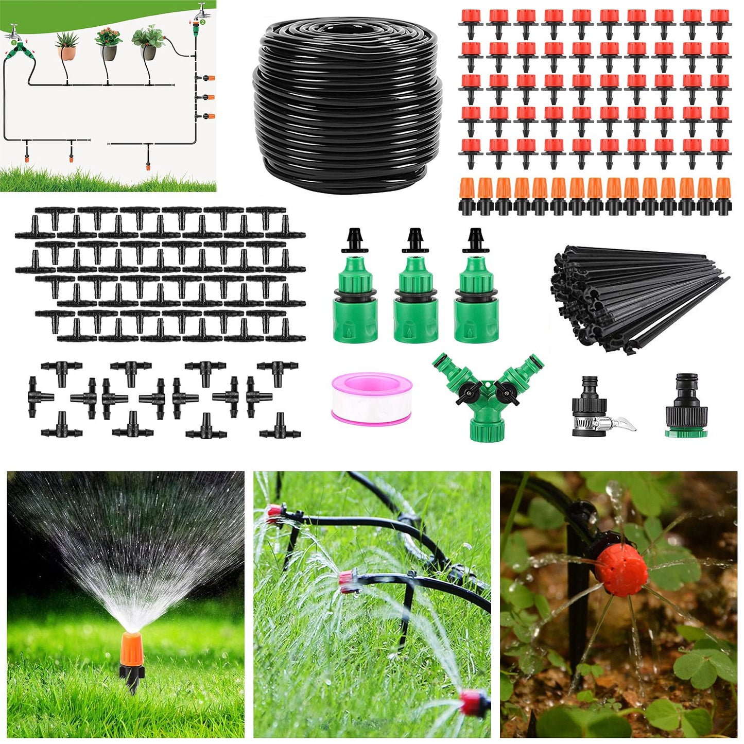 164Ft Drip Irrigation Kit for Garden & Patio Watering System Black