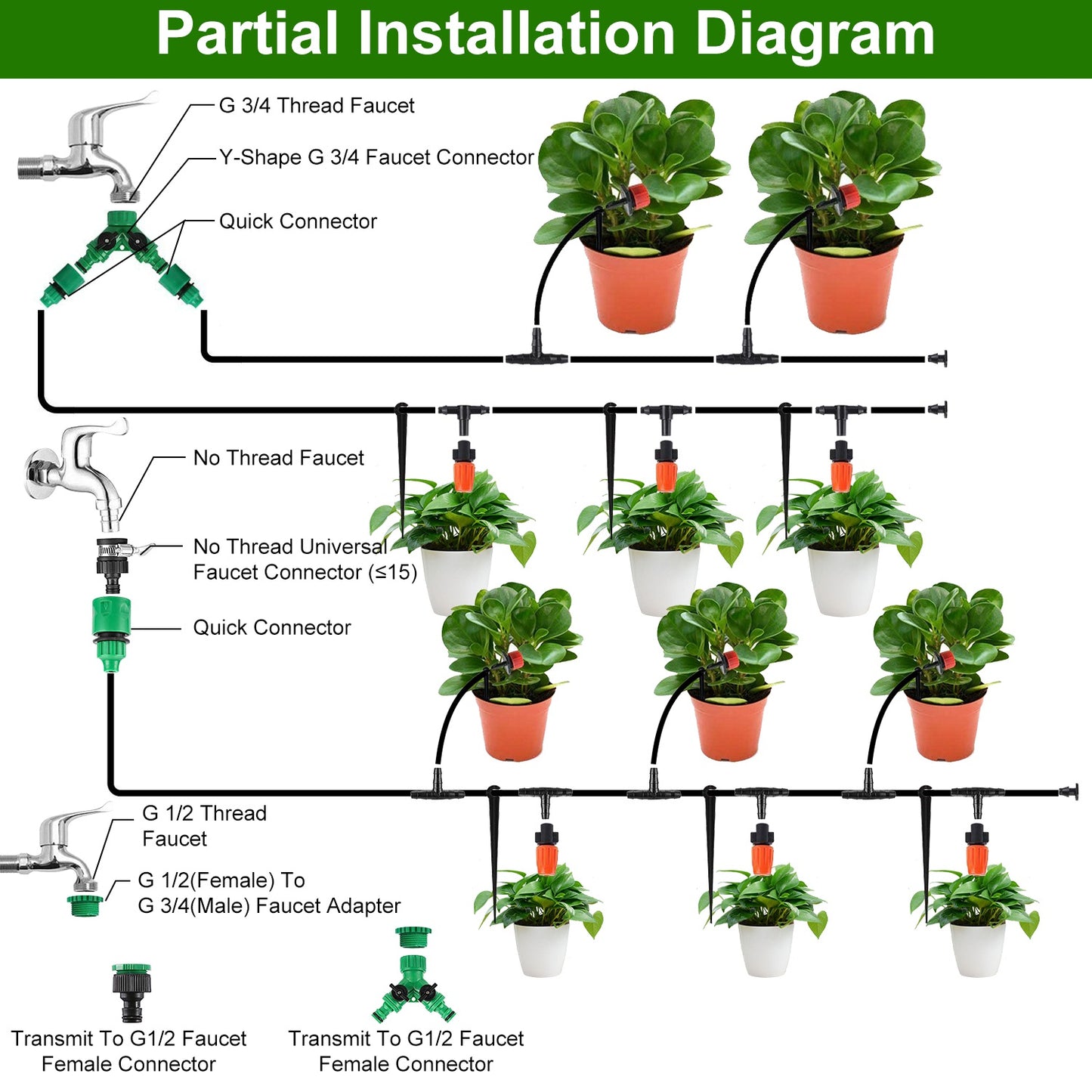164Ft Drip Irrigation Kit for Garden & Patio Watering System Black