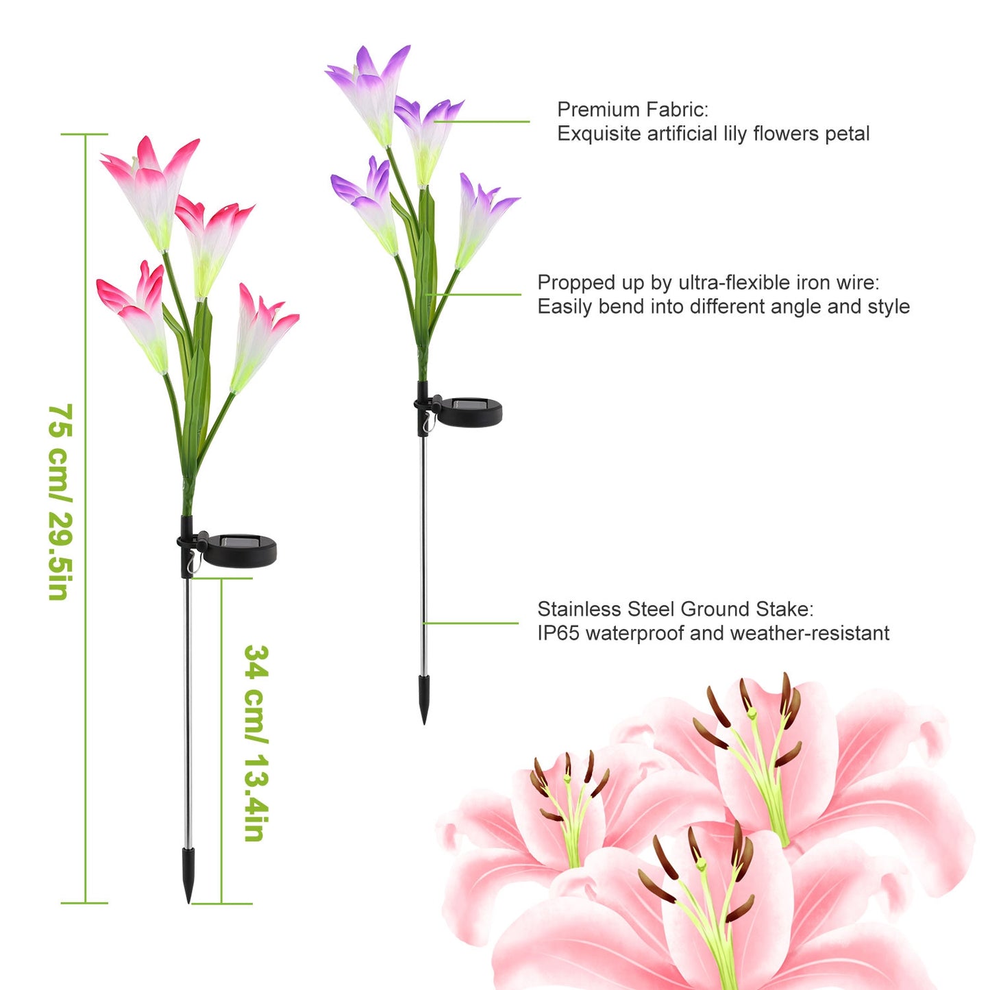 2Pcs Solar Lily Flower Pathway Lights Waterproof Outdoor Garden Decor