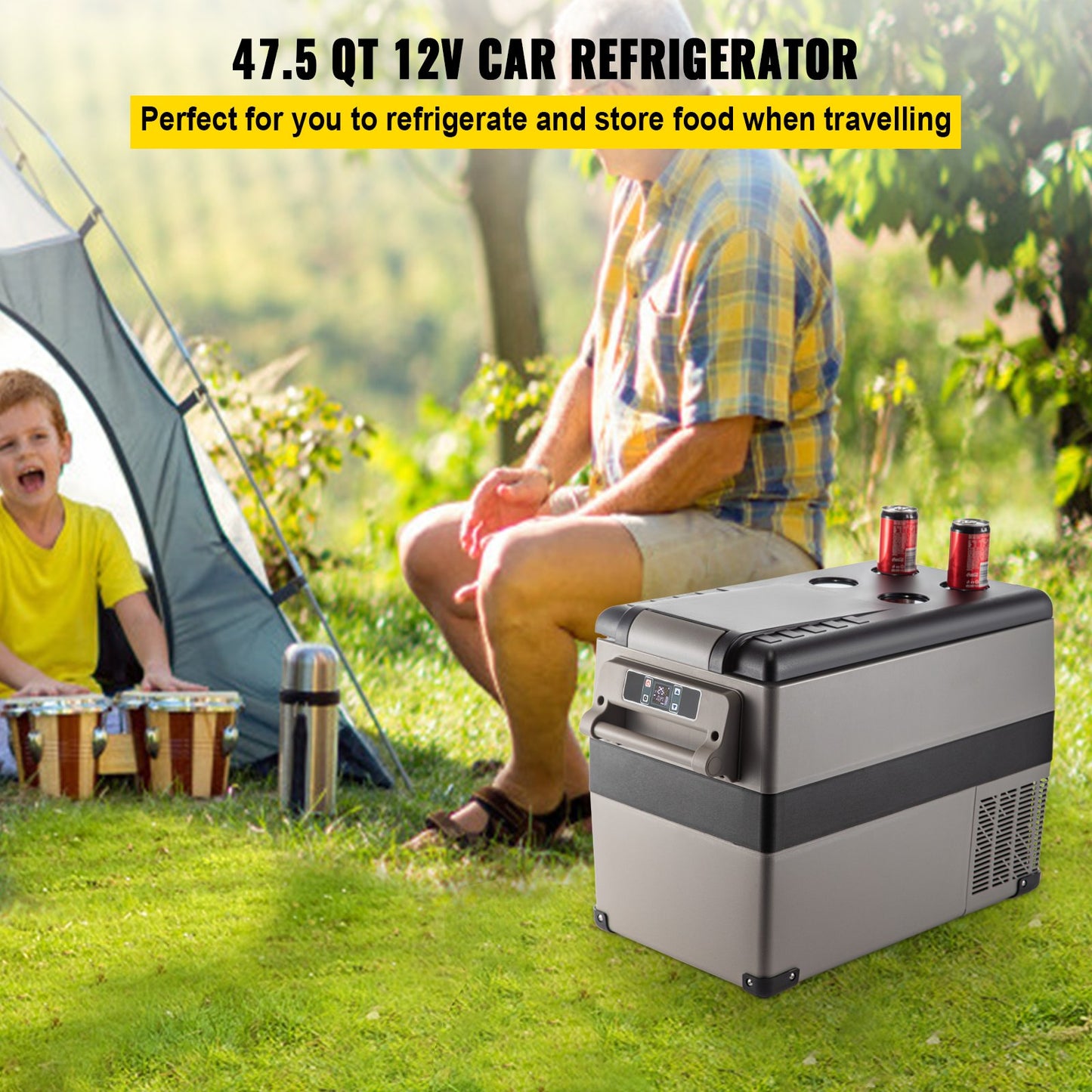 Portable 45L Car Refrigerator Cooler with App Control - 12/24V DC & 110-240V AC, Fast Cooling, Black