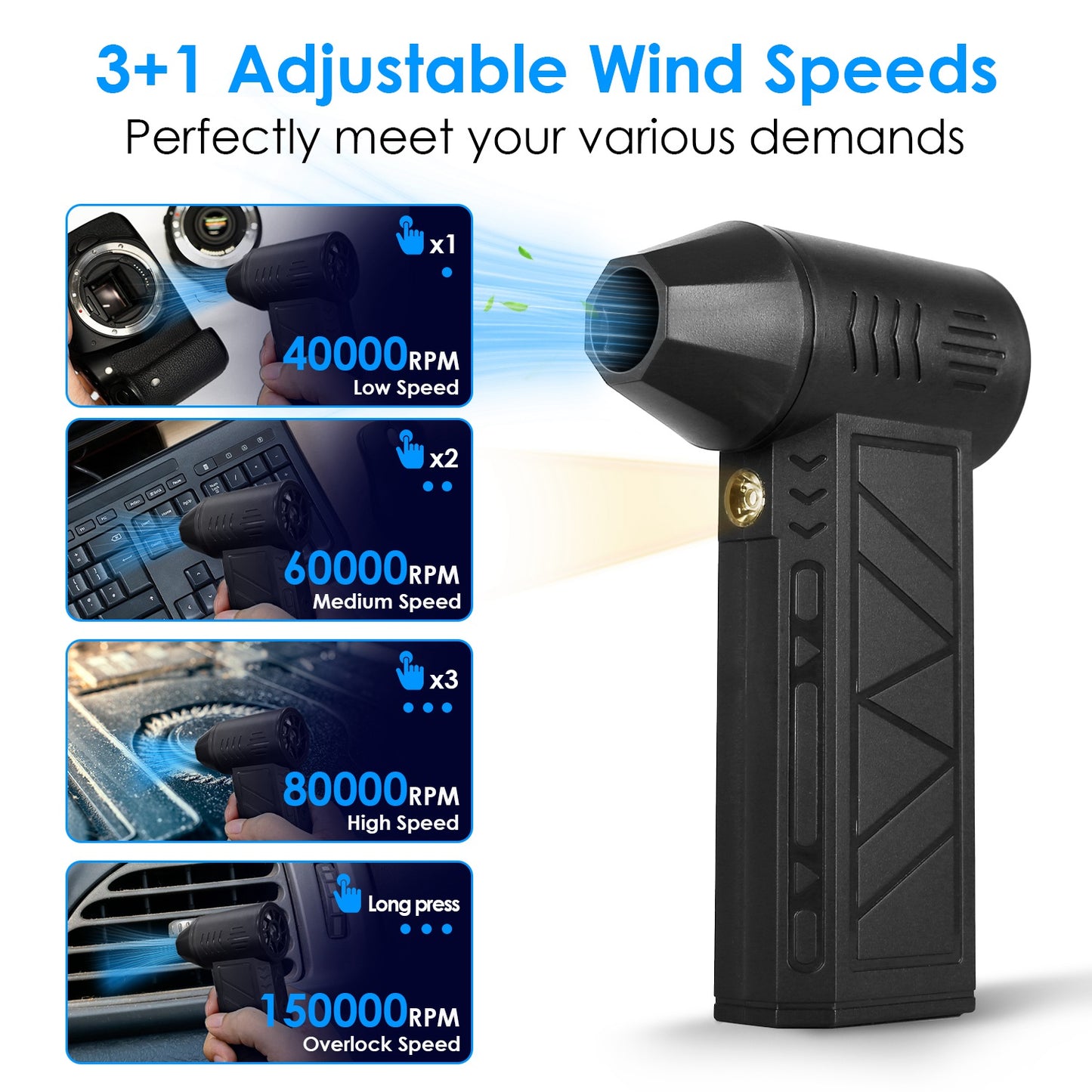 Rechargeable Cordless Air Duster with LED Light, 150000 RPM, 4 Speeds for PC & Car Cleaning