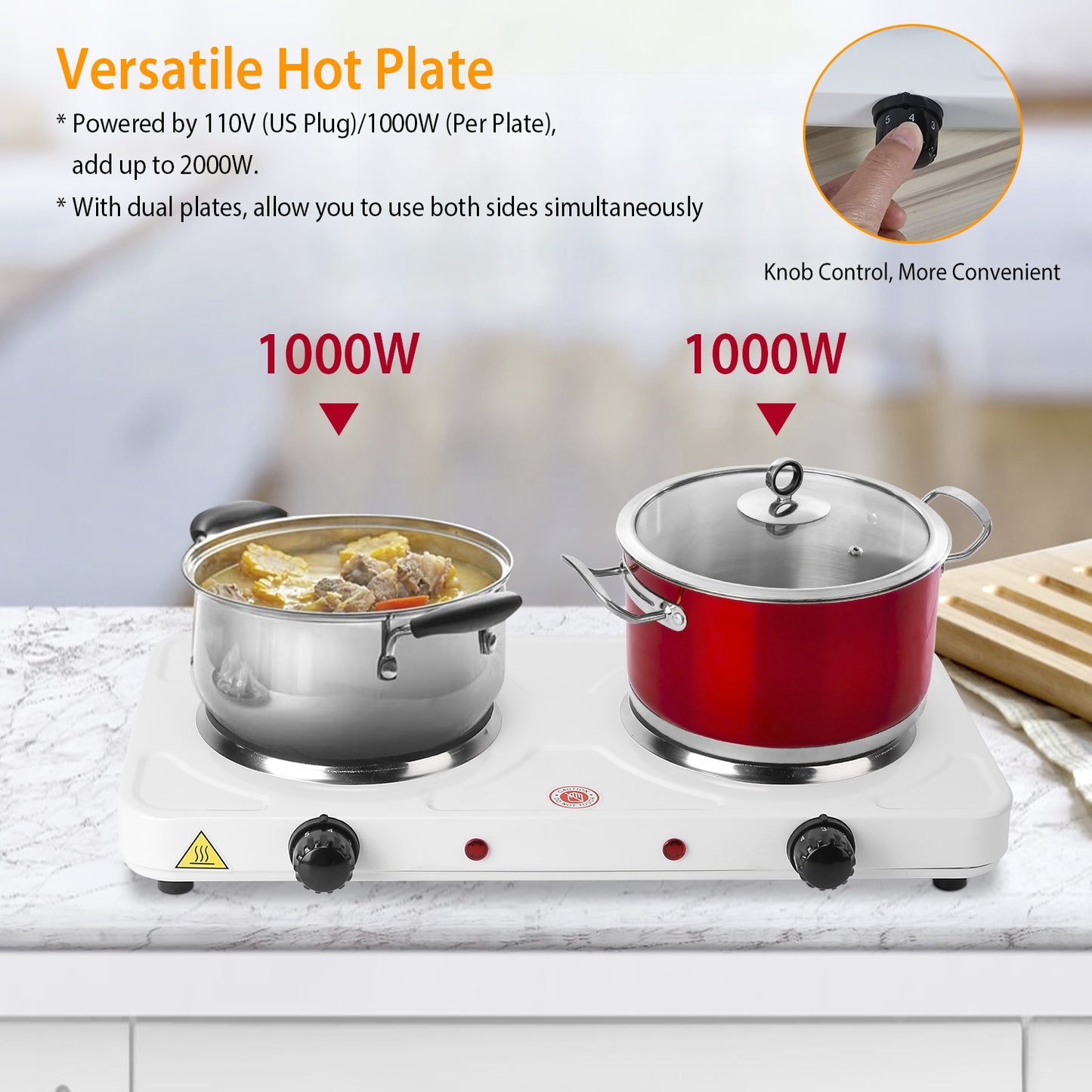 2000W Double Electric Burner with 5 Temperature Settings - White