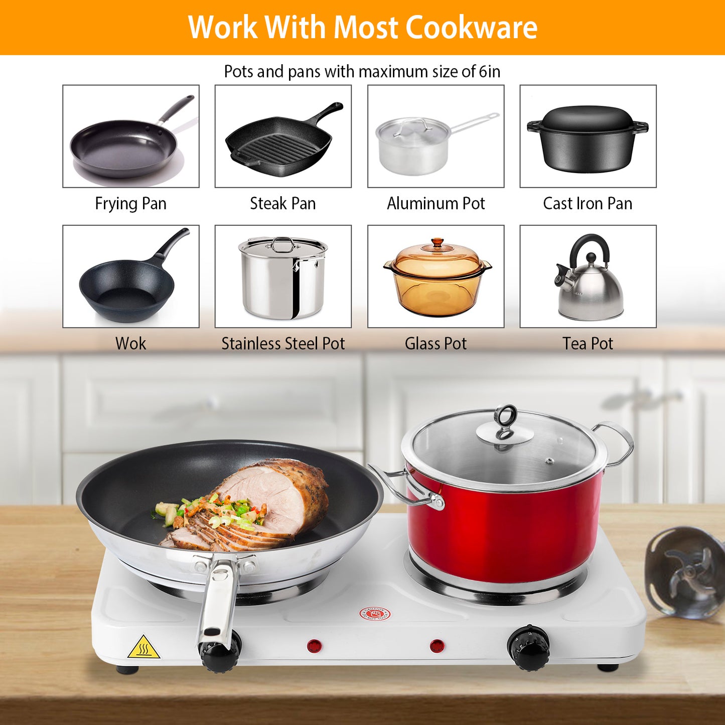 2000W Double Electric Burner with 5 Temperature Settings - White