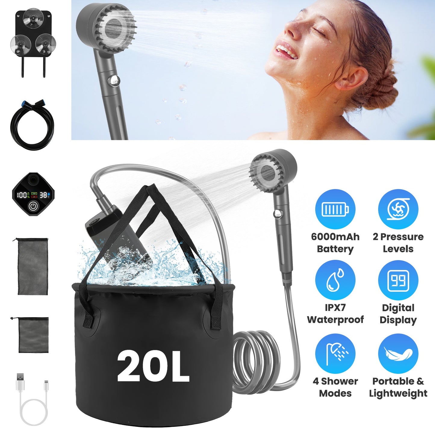 Portable Camping Shower with 6000mAh Battery & Filtered Shower Head