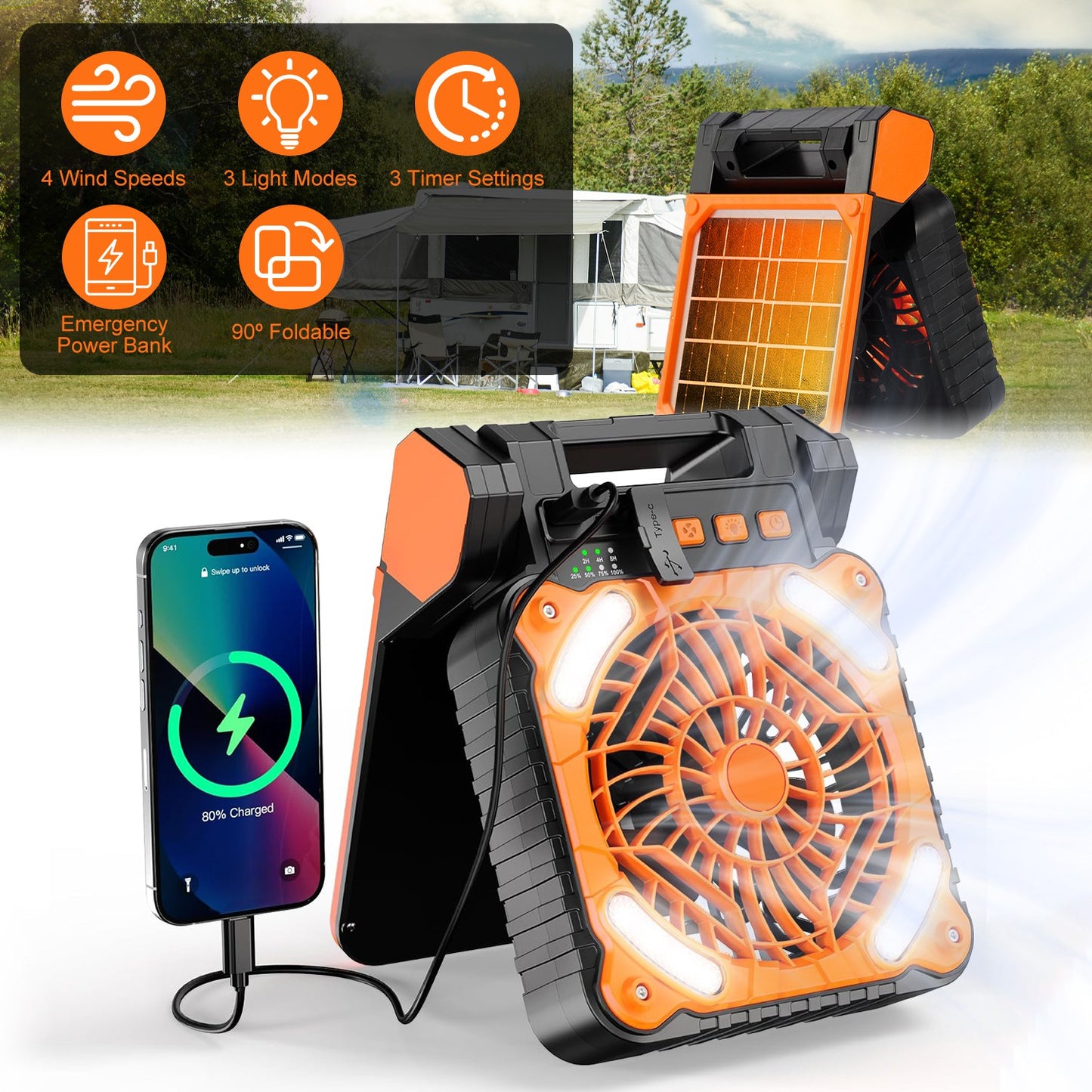 Solar Camping Fan with LED Lantern - 5200mAh Rechargeable