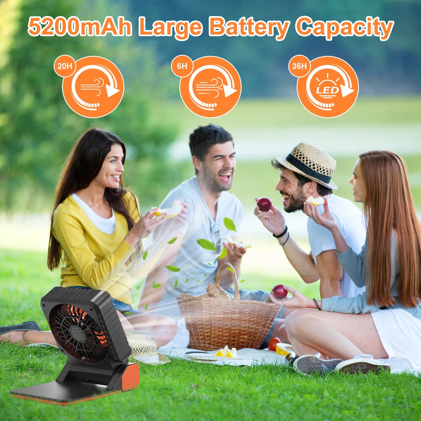 Solar Camping Fan with LED Lantern - 5200mAh Rechargeable