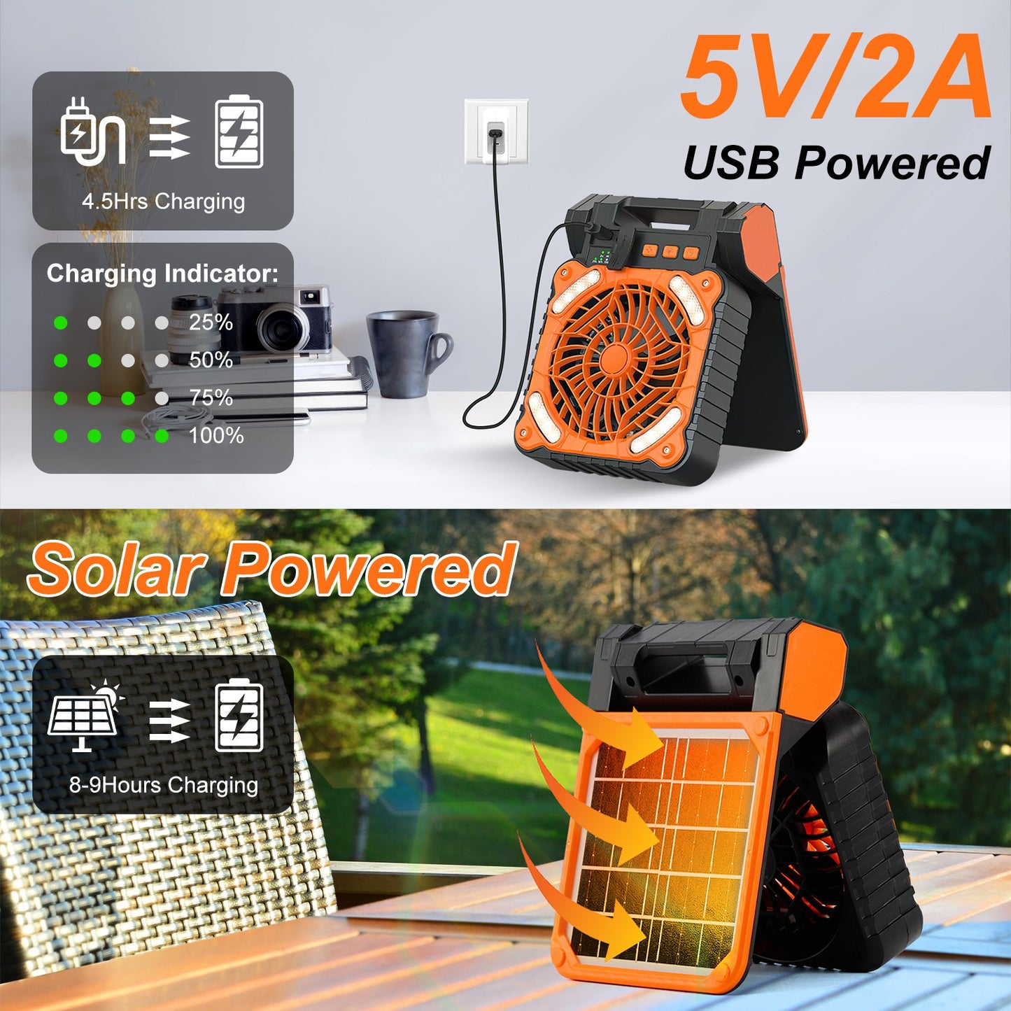 Solar Camping Fan with LED Lantern - 5200mAh Rechargeable