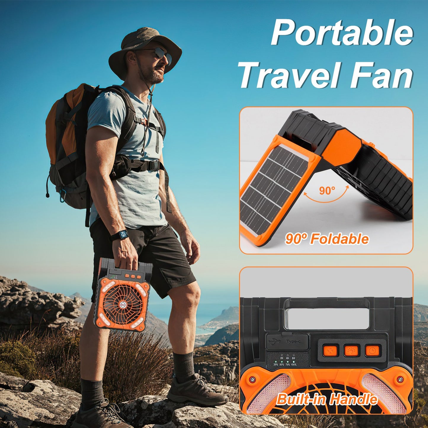 Solar Camping Fan with LED Lantern - 5200mAh Rechargeable