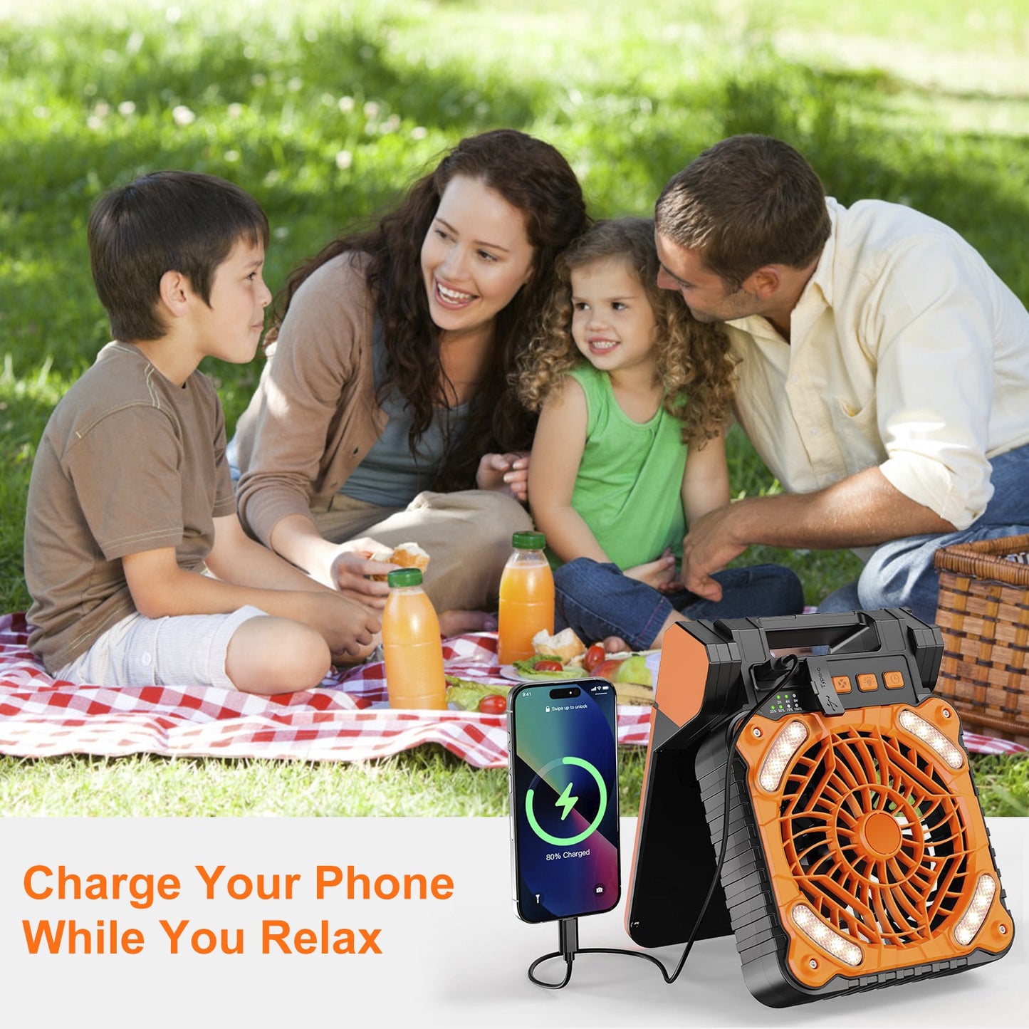 Solar Camping Fan with LED Lantern - 5200mAh Rechargeable