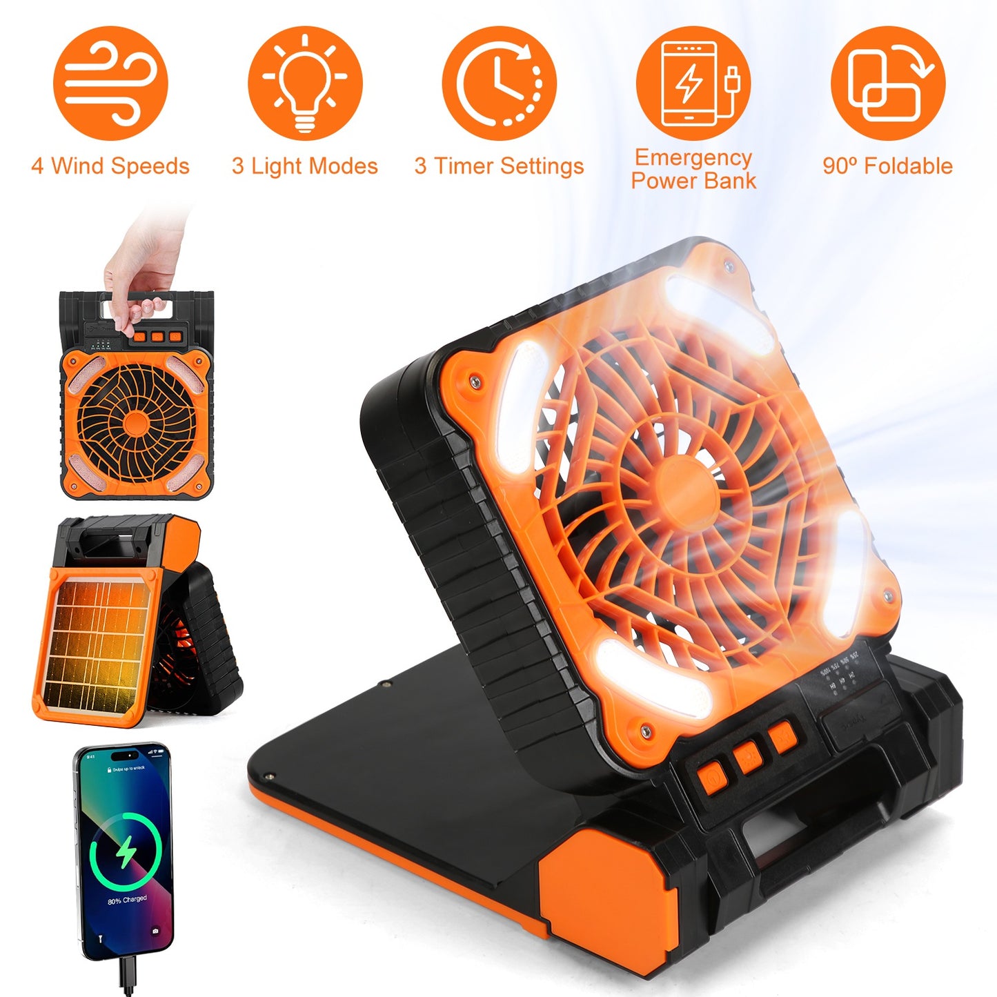 Solar Camping Fan with LED Lantern - 5200mAh Rechargeable