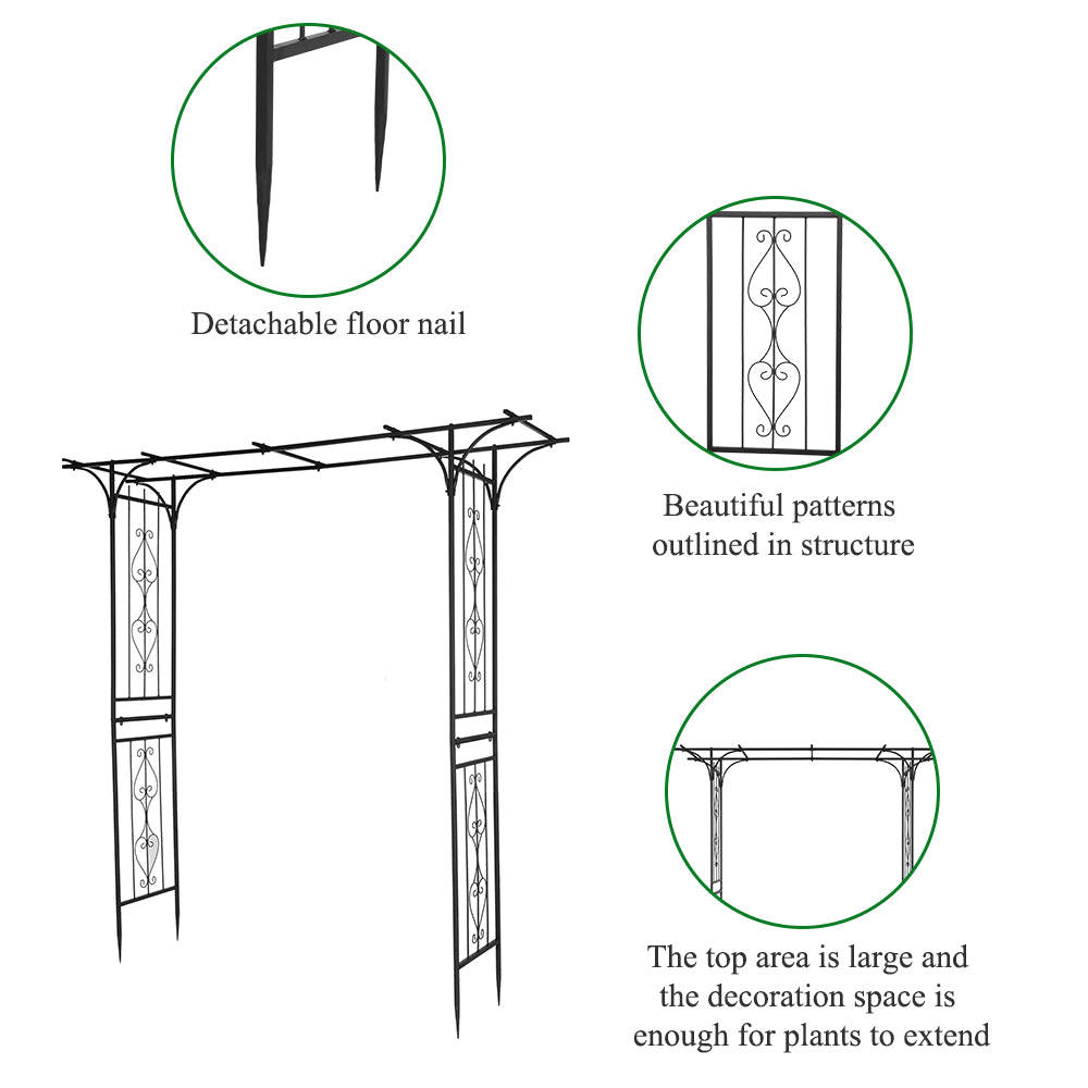 7.1ft Black Flat Top Wrought Iron Garden Arch for Vines and Climbing Plants