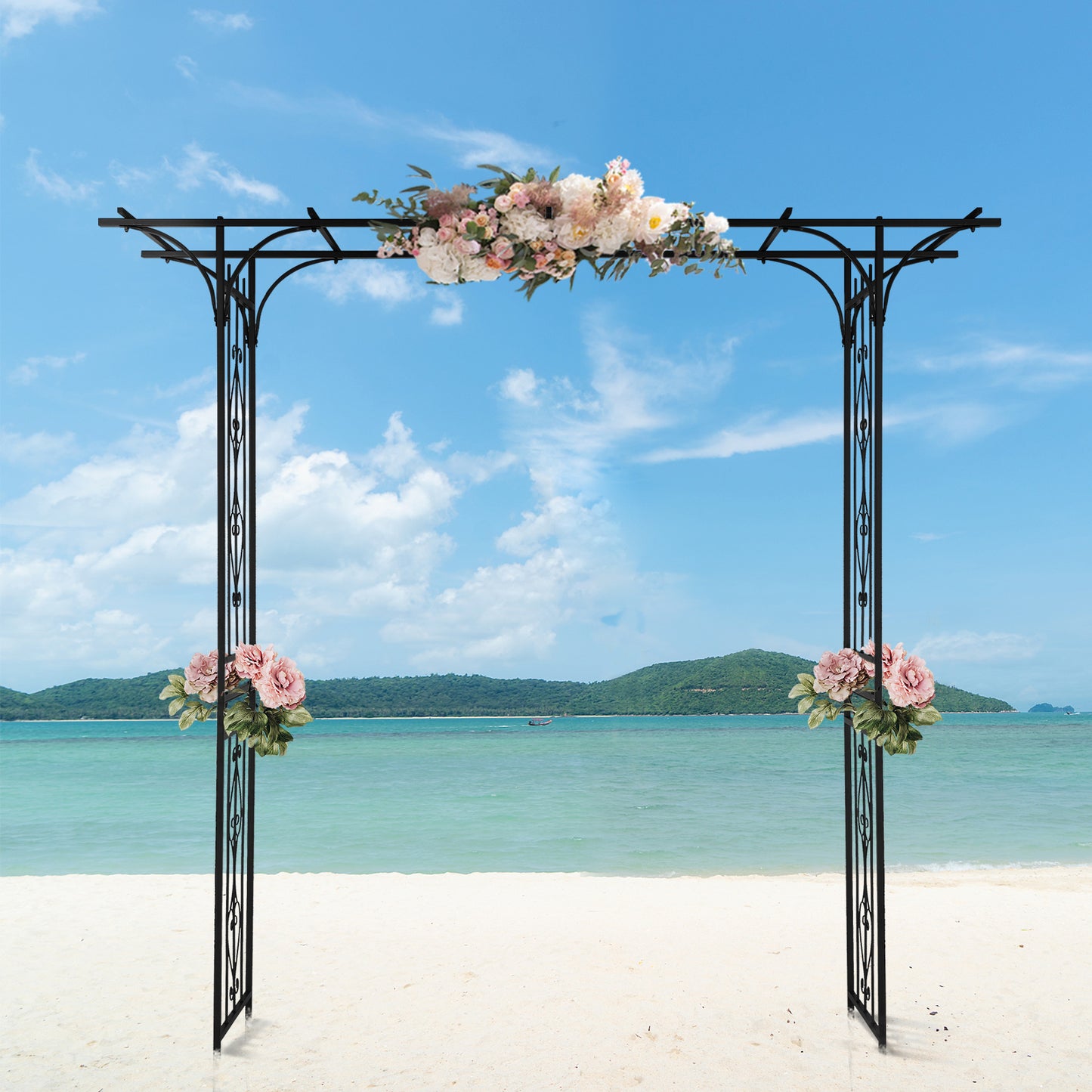 7.1ft Black Flat Top Wrought Iron Garden Arch for Vines and Climbing Plants