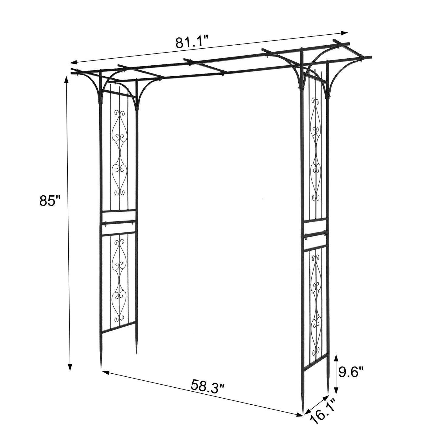 7.1ft Black Flat Top Wrought Iron Garden Arch for Vines and Climbing Plants