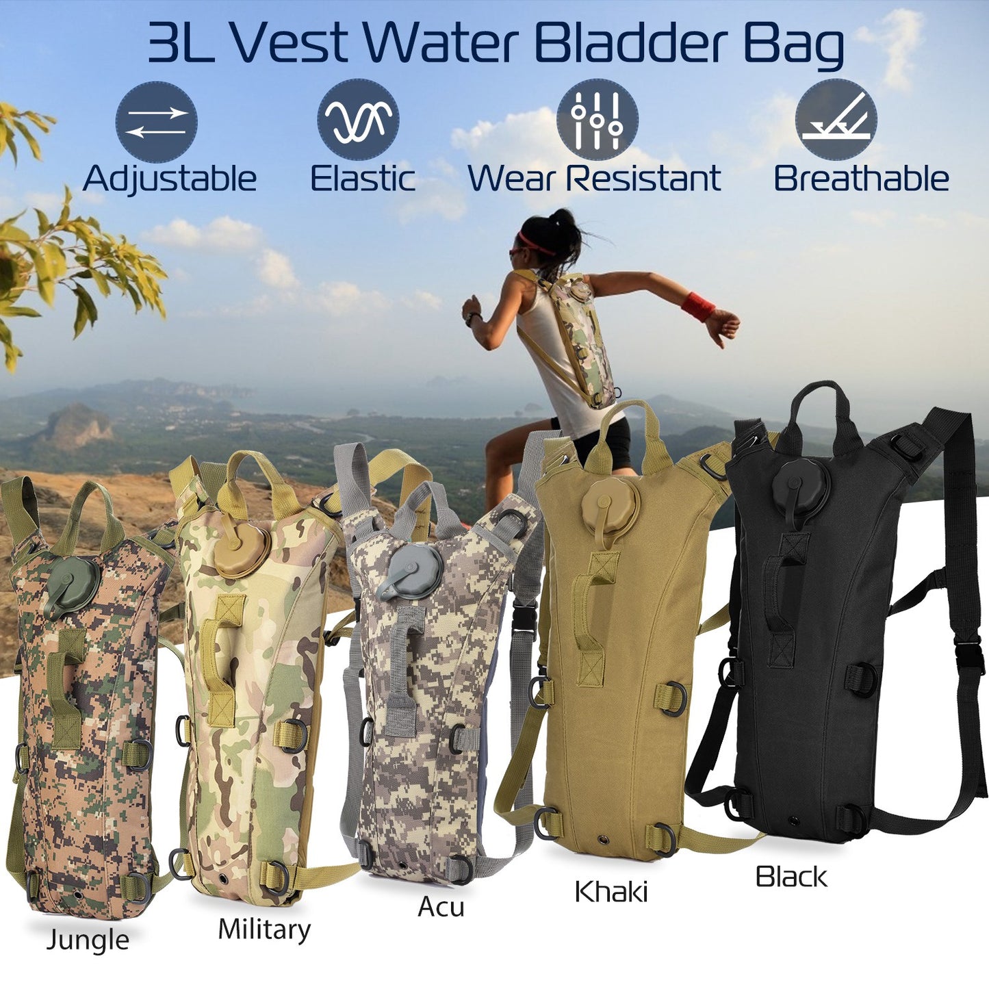 3L Tactical Hydration Pack - Adjustable Water Backpack for Hiking & Cycling
