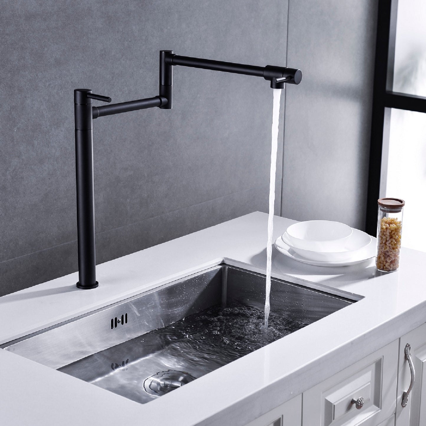 Modern Pot Filler Faucet with Extended Handle - Matte Black