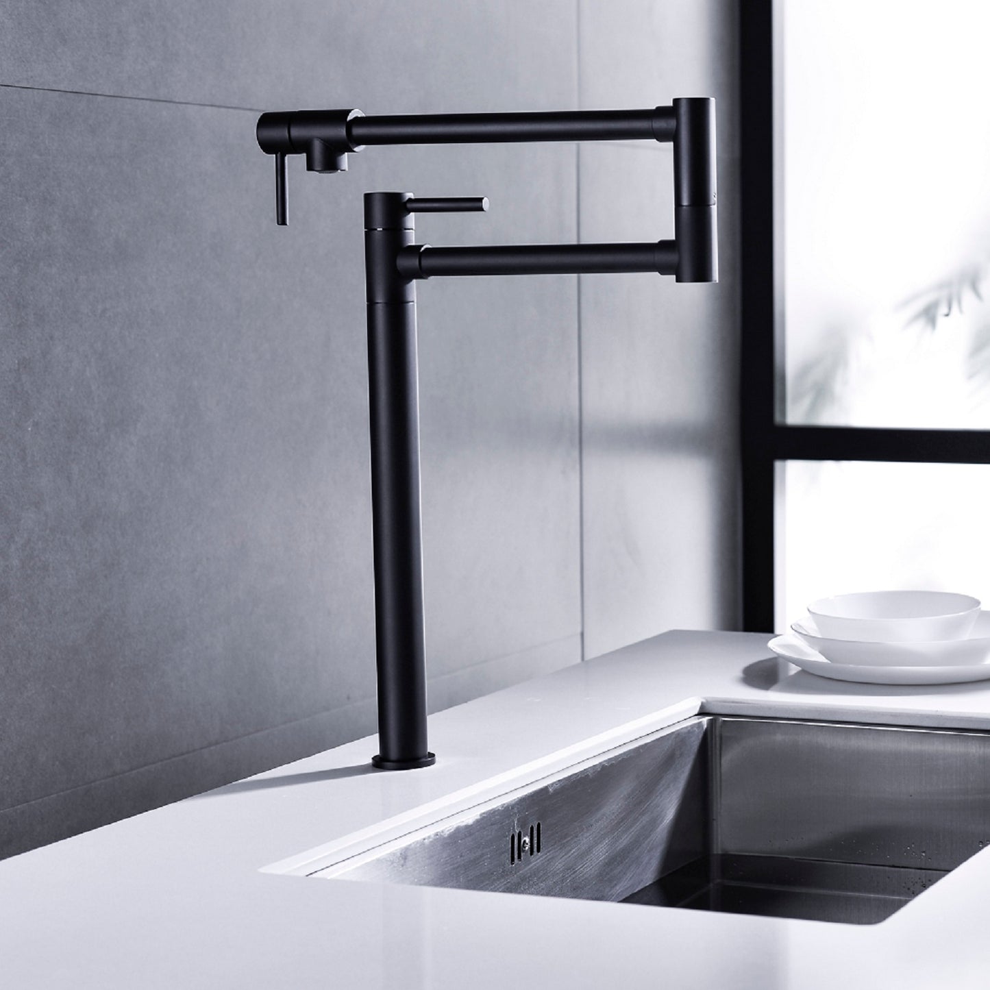 Modern Pot Filler Faucet with Extended Handle - Matte Black