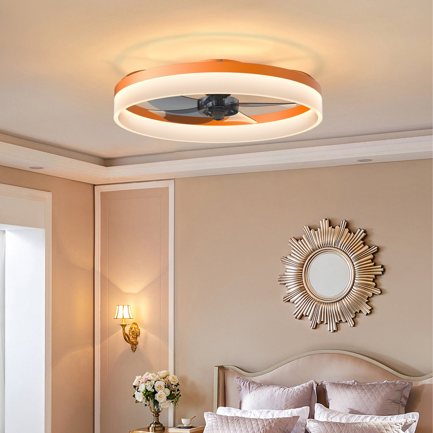 Dimmable LED Ceiling Fan with Lights - Thin Modern Design, Orange