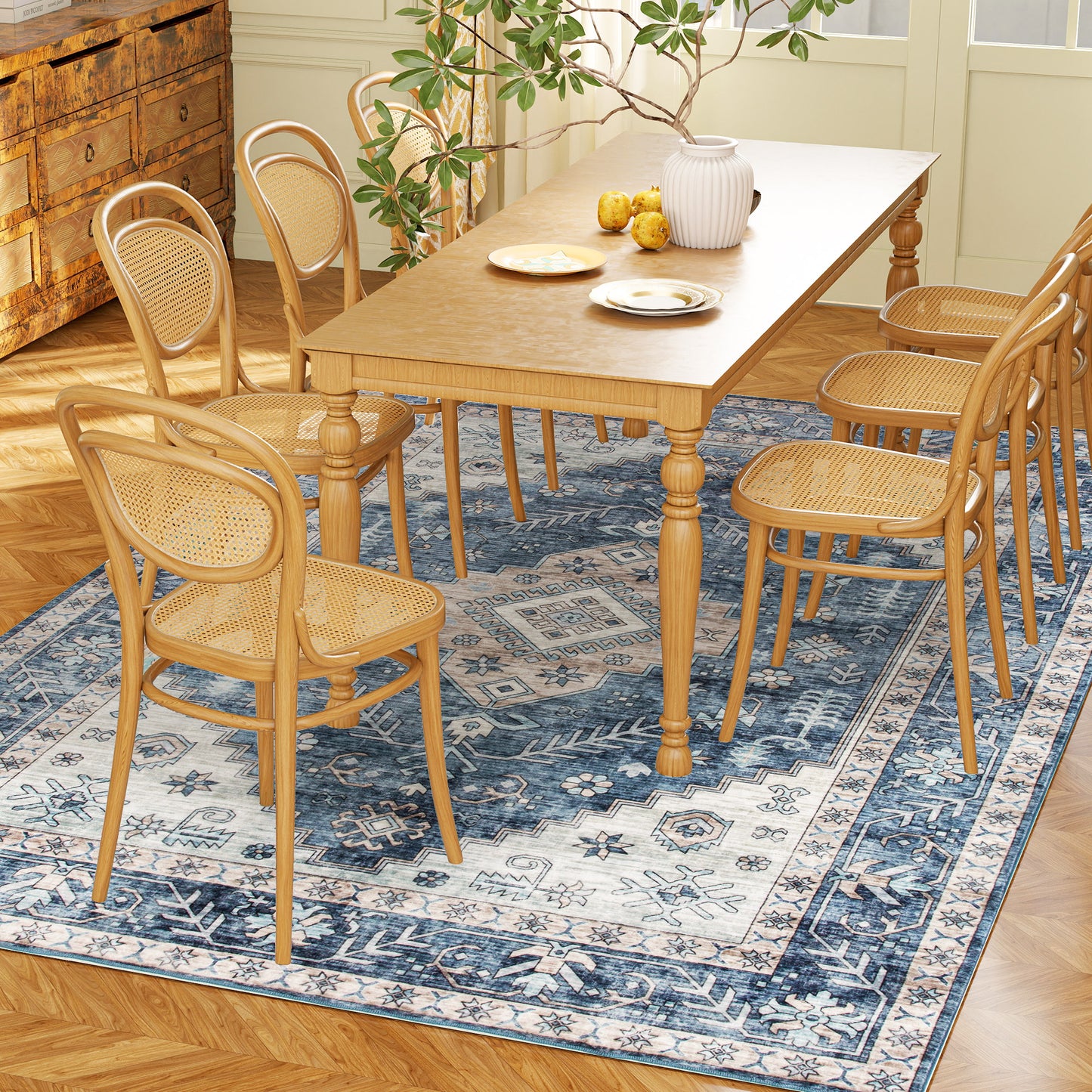 Vintage Blue Area Rug 4x6 - Washable Non-Slip Carpet