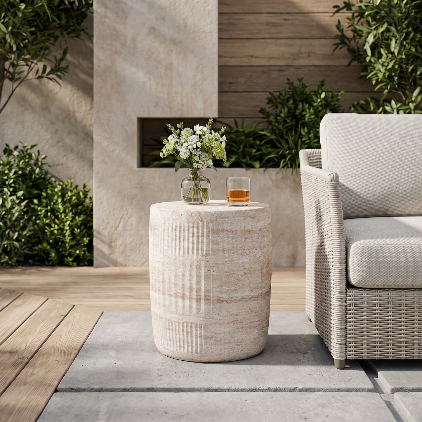Lightweight Concrete Side Table with Travertine Finish - Beige
