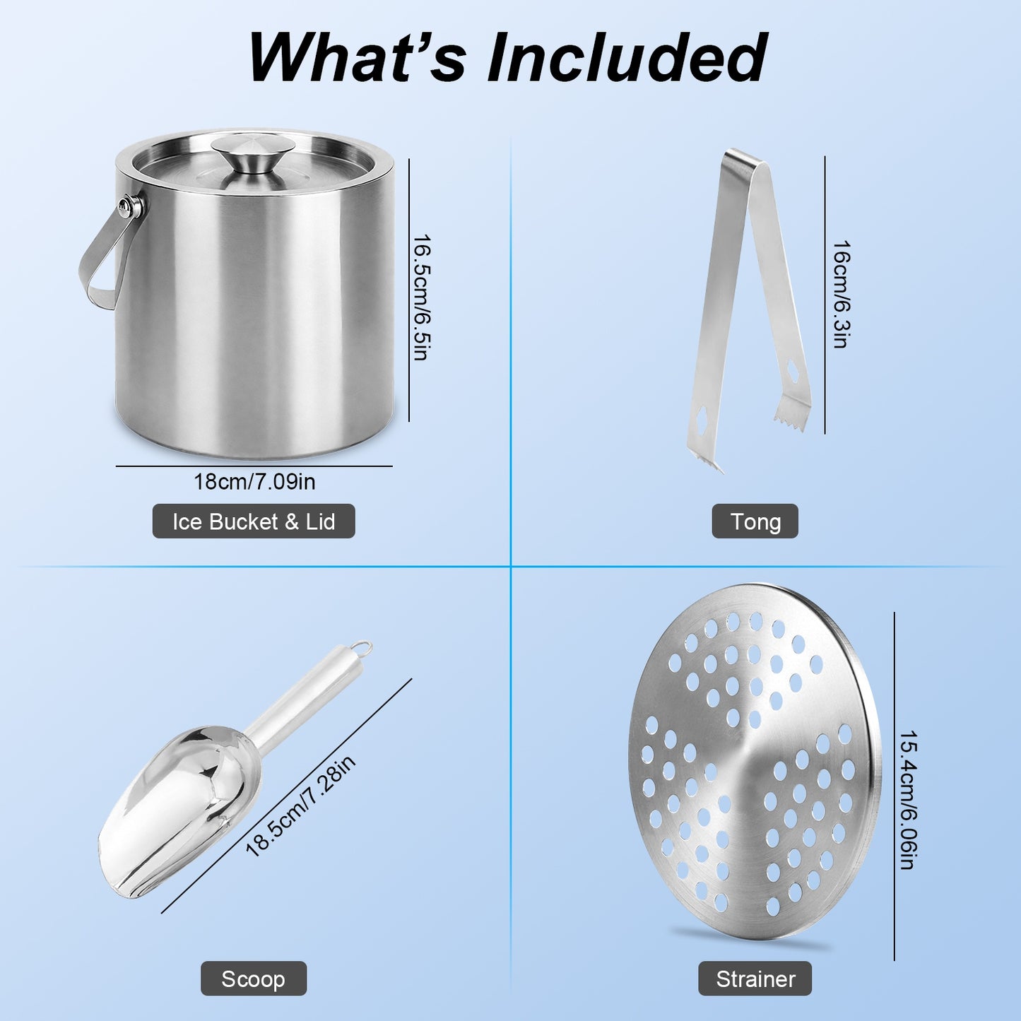 Double Wall Stainless Steel Insulated Ice Bucket 3L with Scoop & Lid
