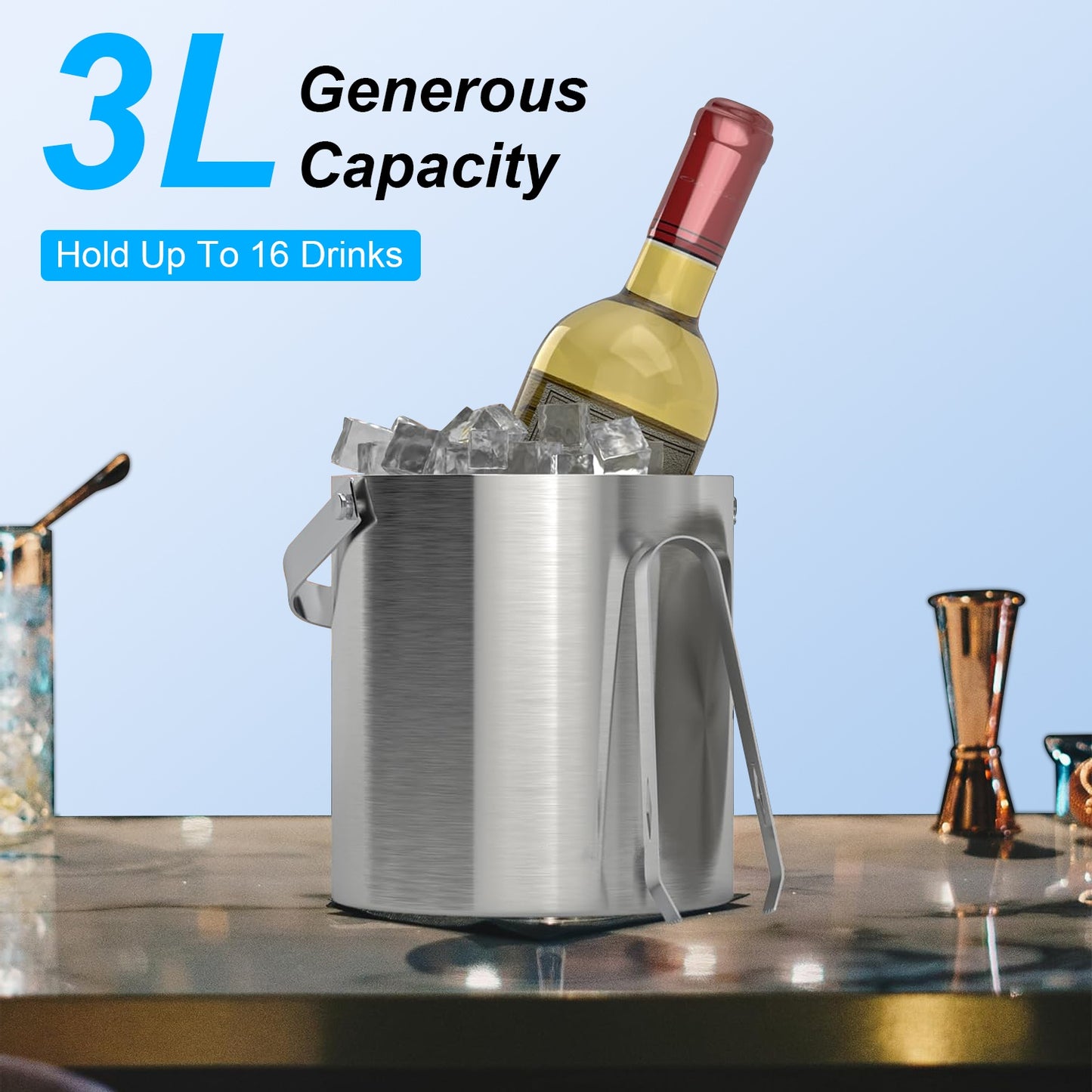 Double Wall Stainless Steel Insulated Ice Bucket 3L with Scoop & Lid