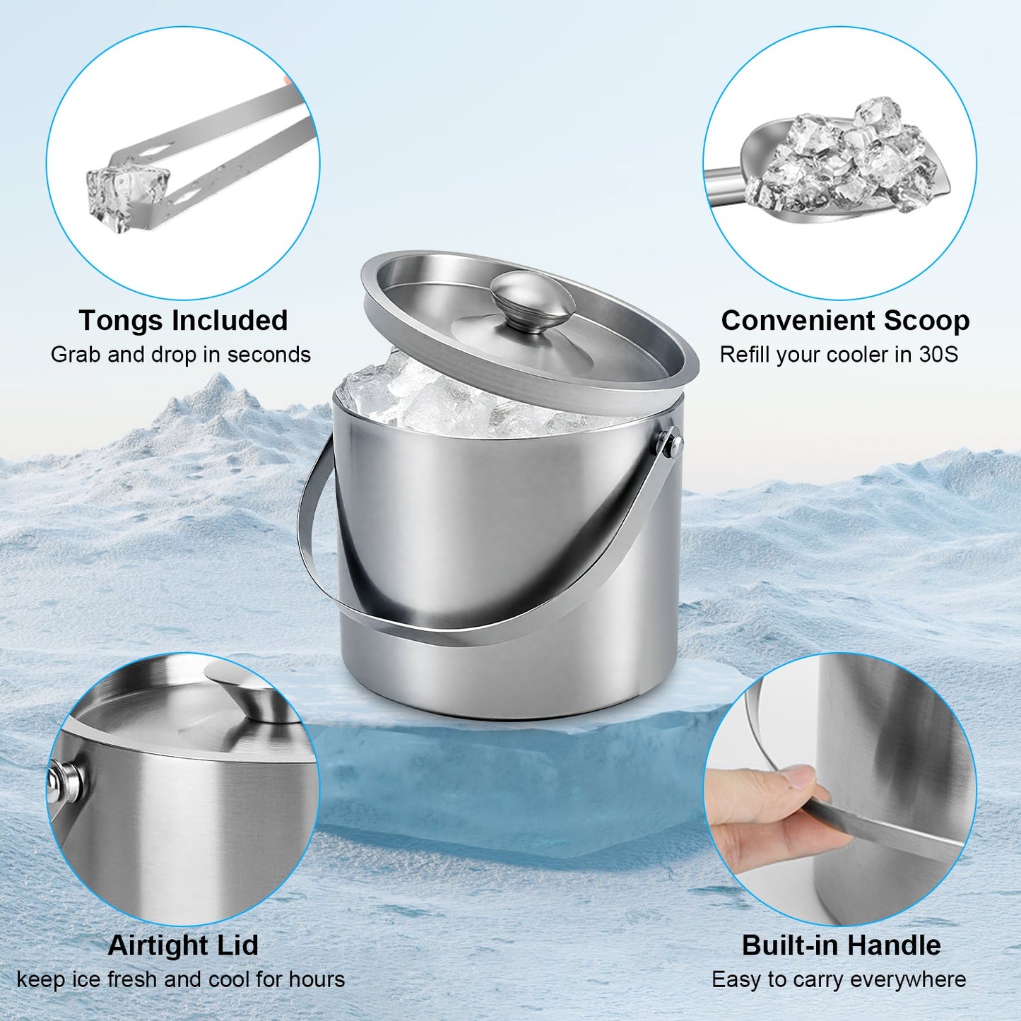 Double Wall Stainless Steel Insulated Ice Bucket 3L with Scoop & Lid