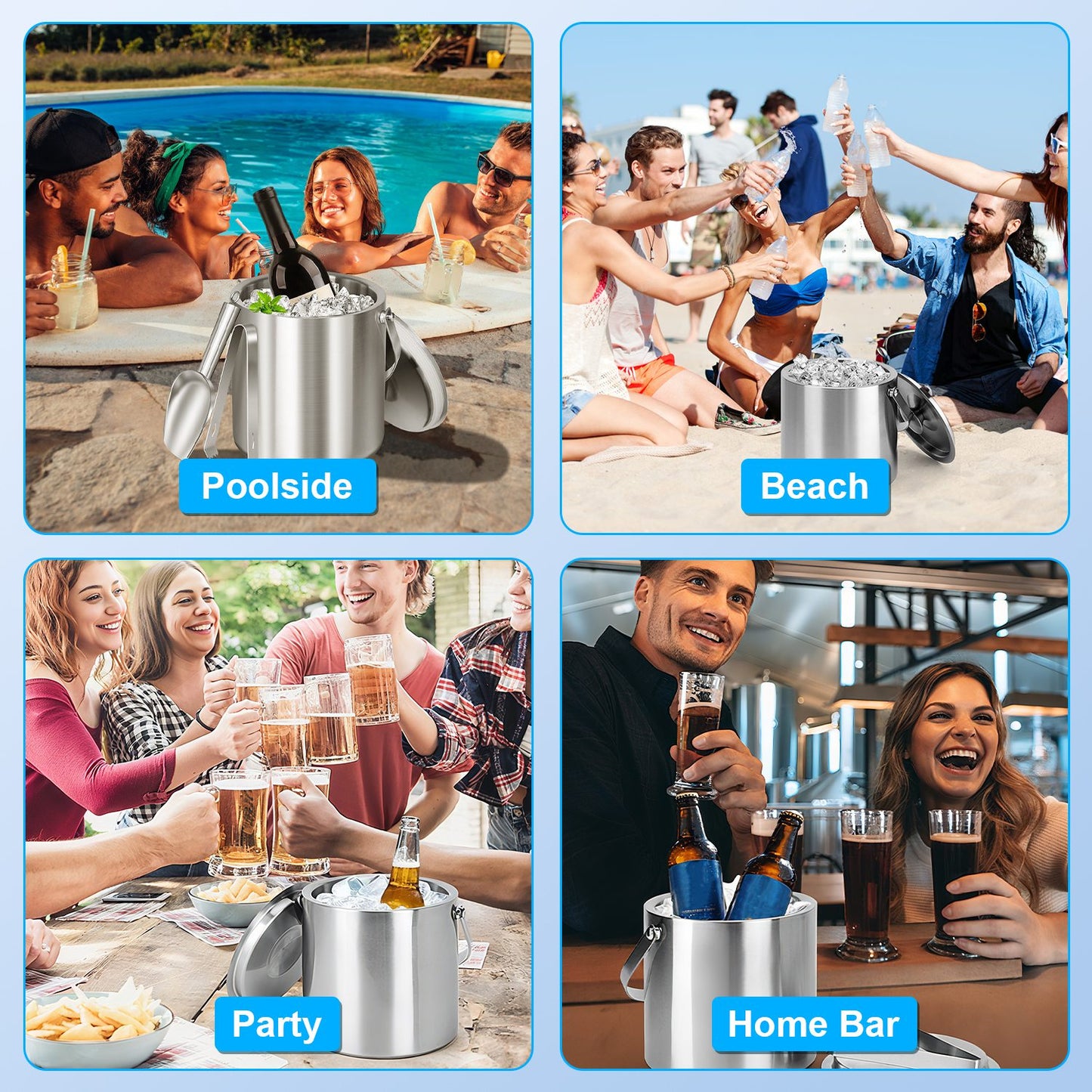 Double Wall Stainless Steel Insulated Ice Bucket 3L with Scoop & Lid