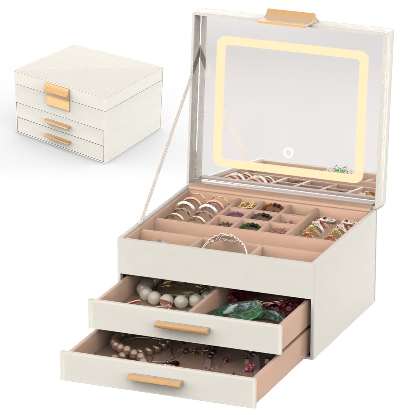 3-Layer Jewelry Organizer Box with LED Mirror - Dimmable Light - Creamy White