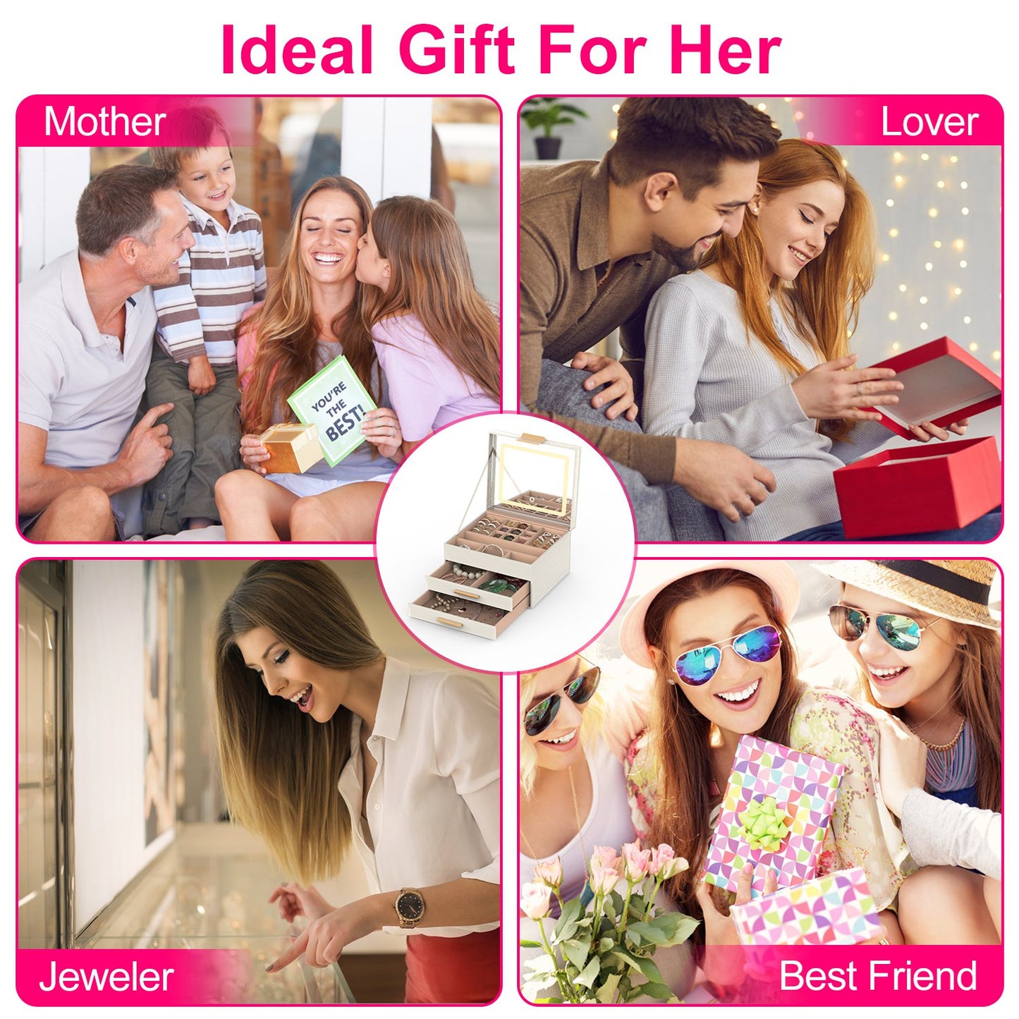 3-Layer Jewelry Organizer Box with LED Mirror - Dimmable Light - Creamy White