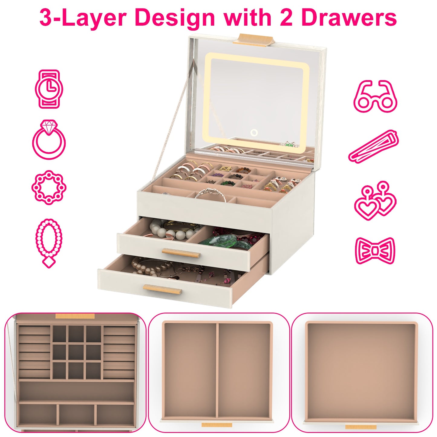 3-Layer Jewelry Organizer Box with LED Mirror - Dimmable Light - Creamy White