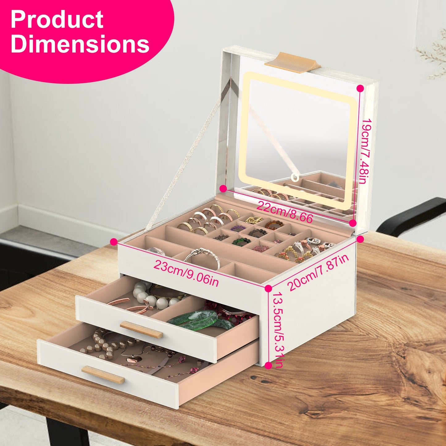 3-Layer Jewelry Organizer Box with LED Mirror - Dimmable Light - Creamy White