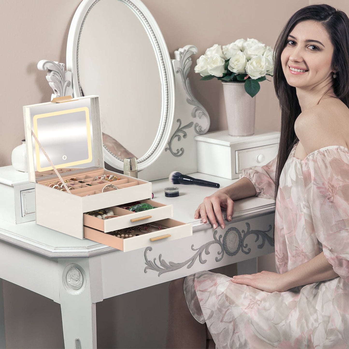 3-Layer Jewelry Organizer Box with LED Mirror - Dimmable Light - Creamy White