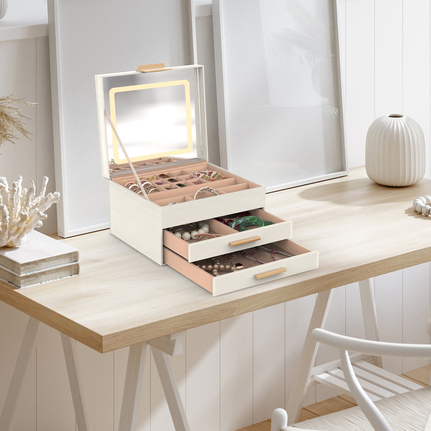 3-Layer Jewelry Organizer Box with LED Mirror - Dimmable Light - Creamy White