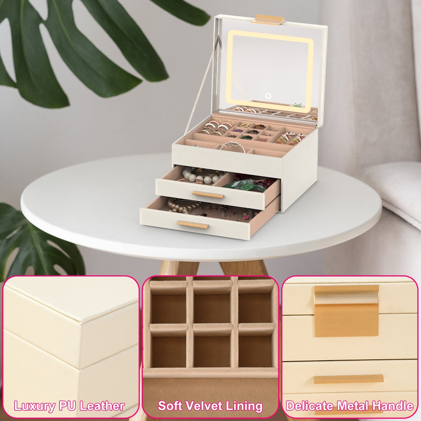 3-Layer Jewelry Organizer Box with LED Mirror - Dimmable Light - Creamy White
