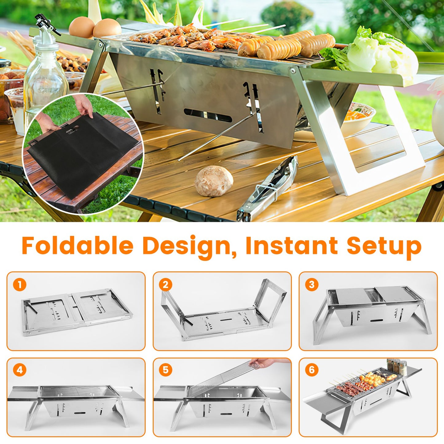 Portable 3-in-1 Charcoal Grill & Fire Pit for Camping - Silver