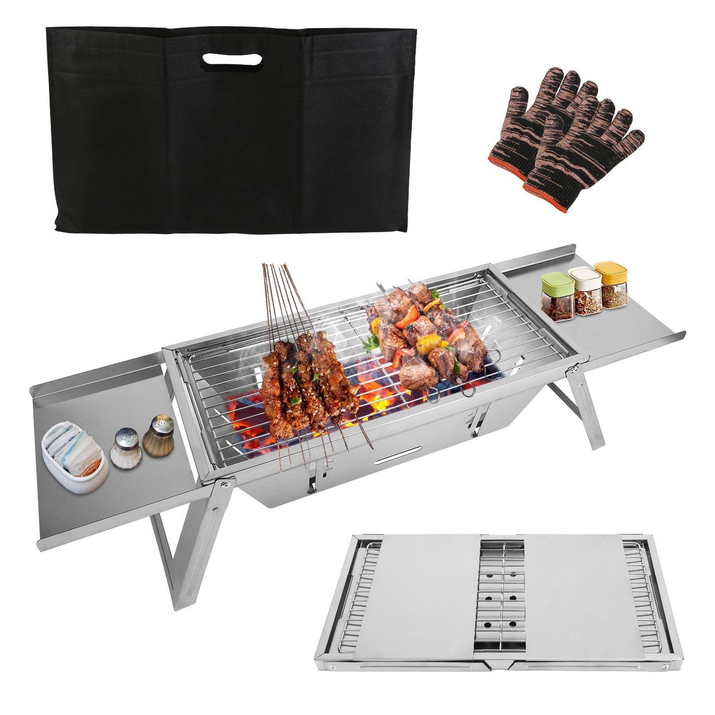 Portable 3-in-1 Charcoal Grill & Fire Pit for Camping - Silver