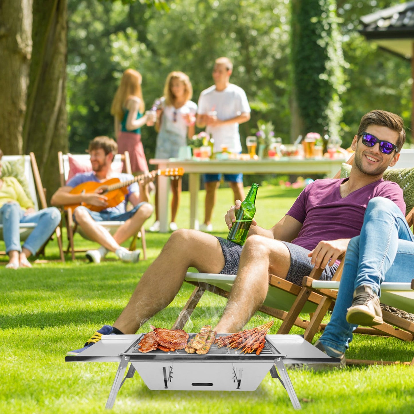 Portable 3-in-1 Charcoal Grill & Fire Pit for Camping - Silver