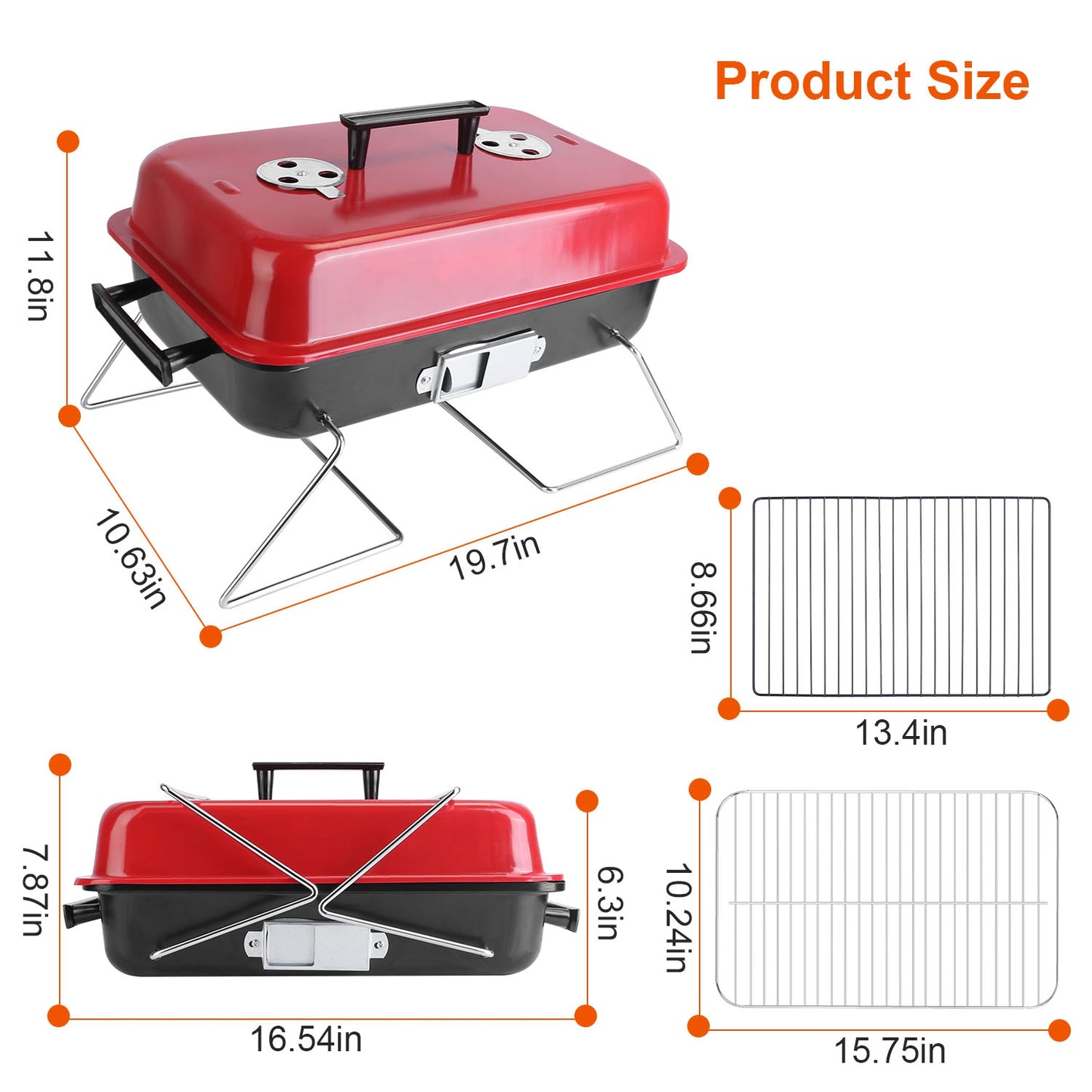 Portable Charcoal Grill - Lightweight Folding BBQ Smoker for Camping & Picnics - Red