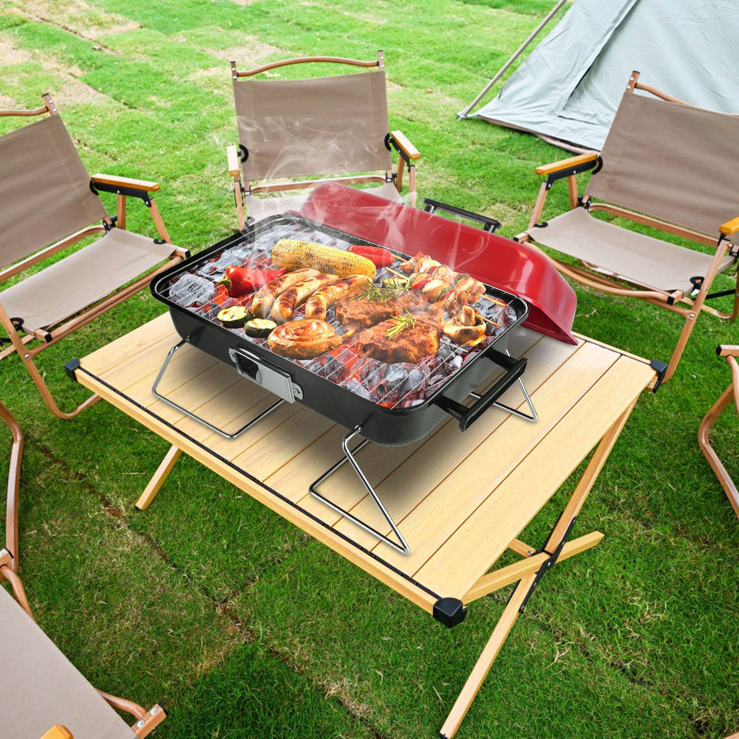 Portable Charcoal Grill - Lightweight Folding BBQ Smoker for Camping & Picnics - Red