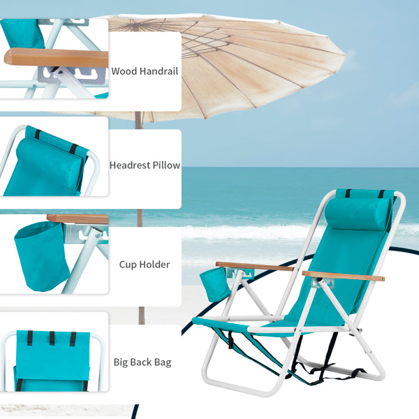 Folding Beach Chair - Mint Green with 4 Reclining Positions