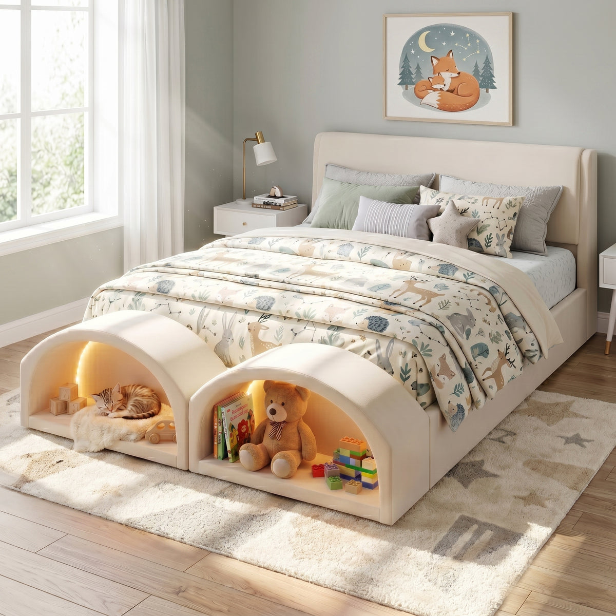 Queen Size Upholstered Platform Bed Frame with Dual Cat Caves & LED Pet Nests - Beige