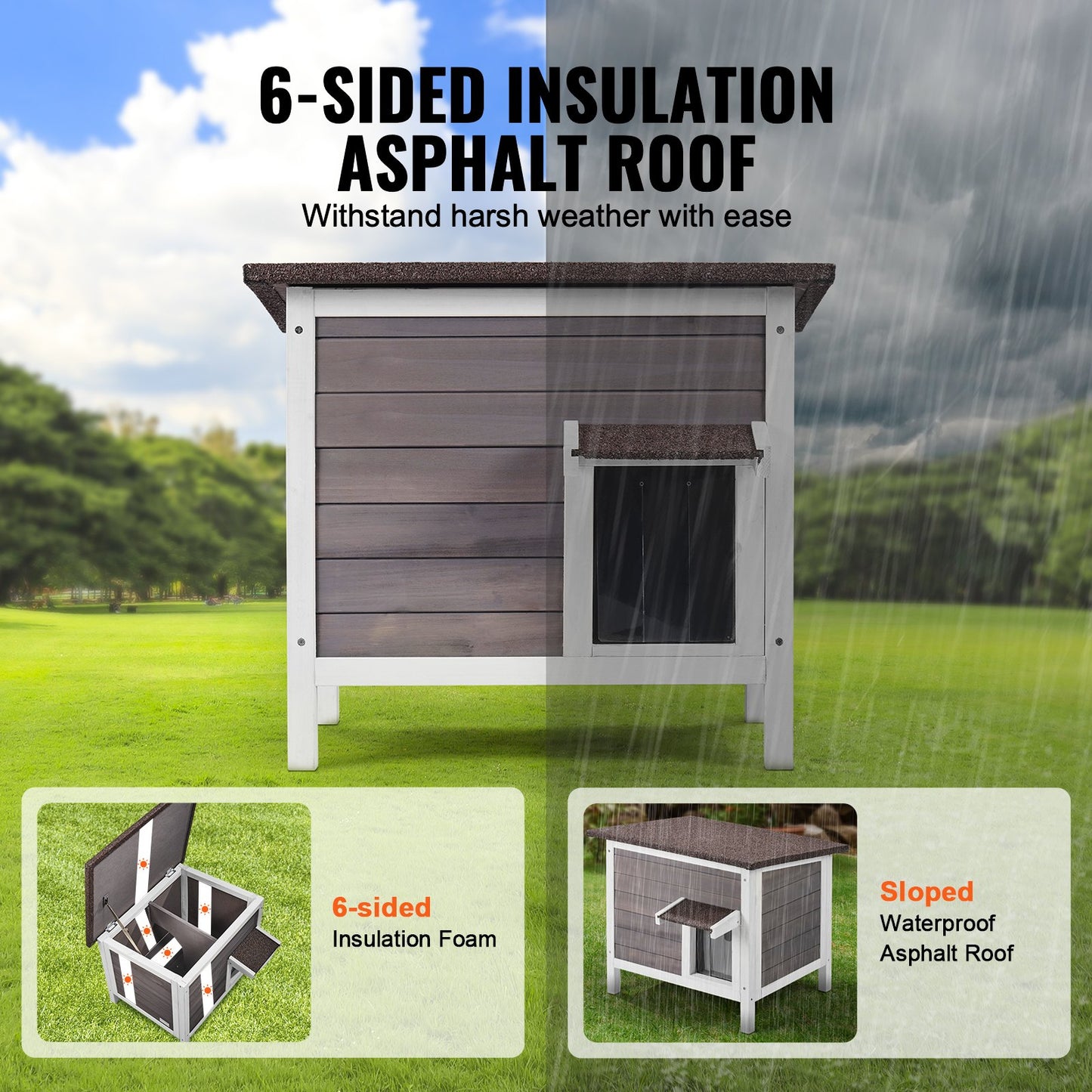 Outdoor Wooden Cat House Shelter with Roof & PVC Door Flaps - Feral Cat Shelter