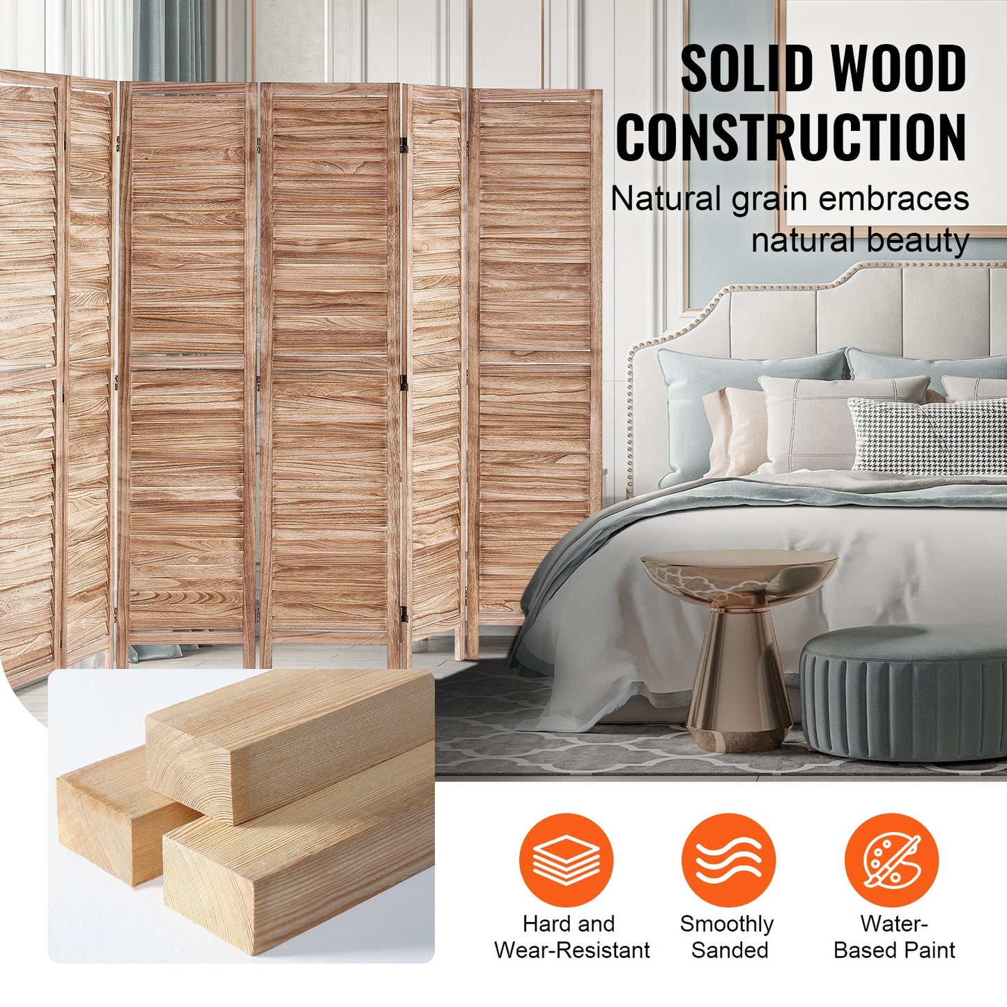 8 Panel Wood Folding Room Divider - 66.9 Inch Louvered Privacy Screen