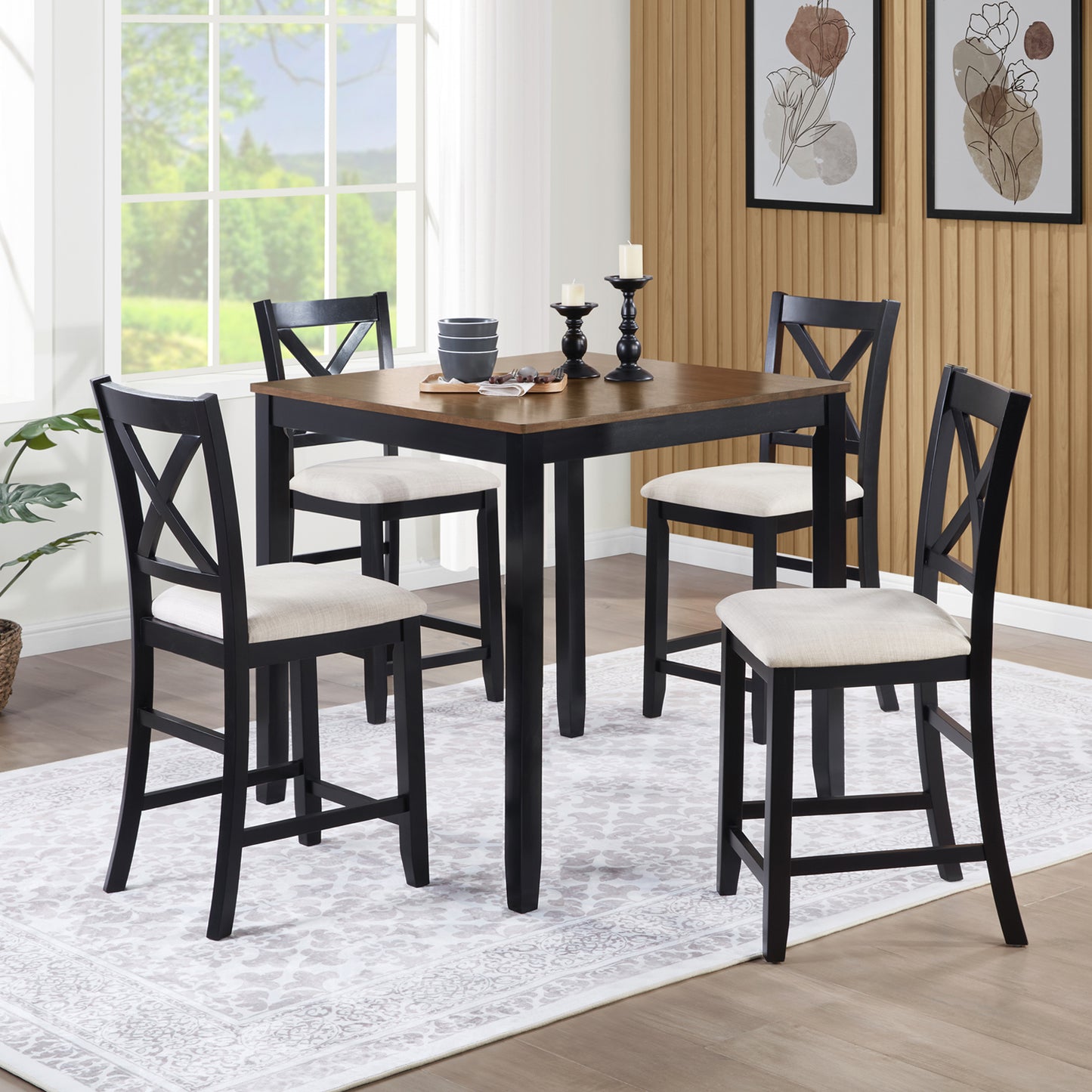 Wooden Counter Height Dining Chairs Set of 4 - Black & Beige