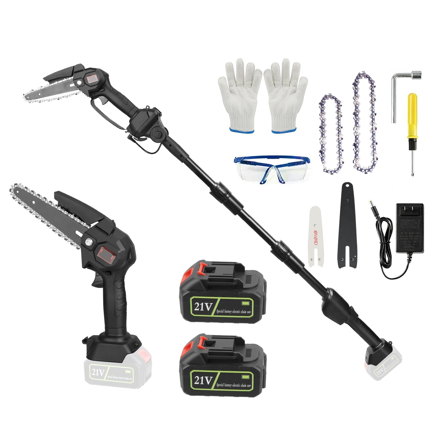 Cordless 2-in-1 Pole Saw & Mini Chainsaw Set with 2 Batteries for Tree Trimming