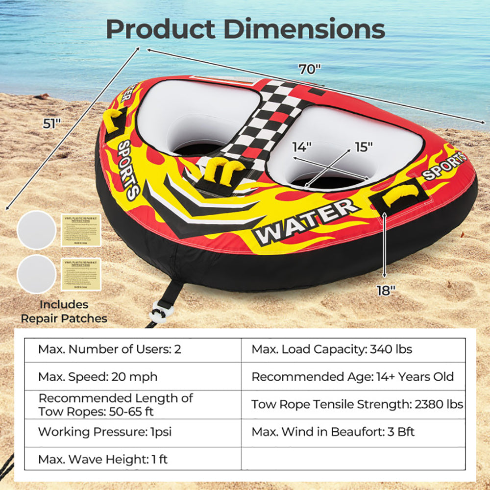 Inflatable Towable Tube for 1-2 Riders - 340 lbs Capacity