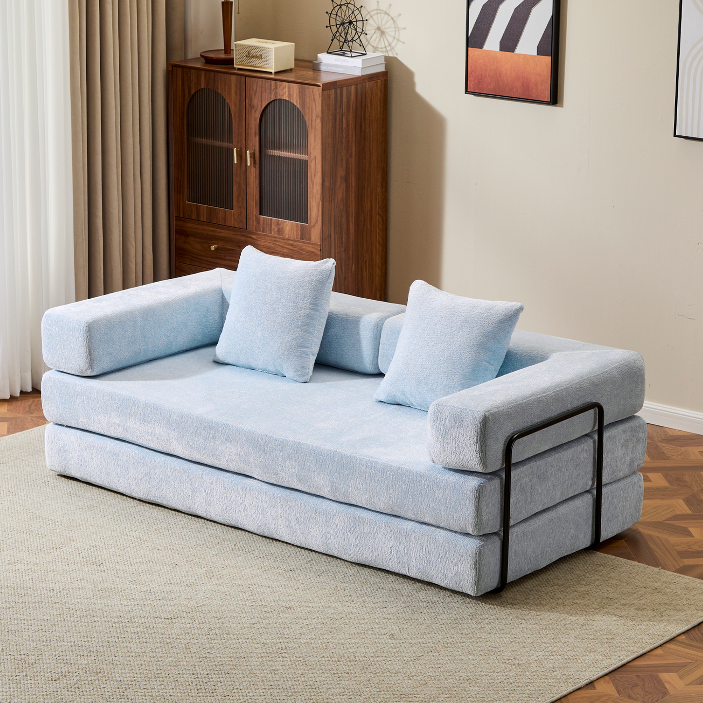 Convertible Floor Sofa Bed with Pillow Back Support - Light Blue