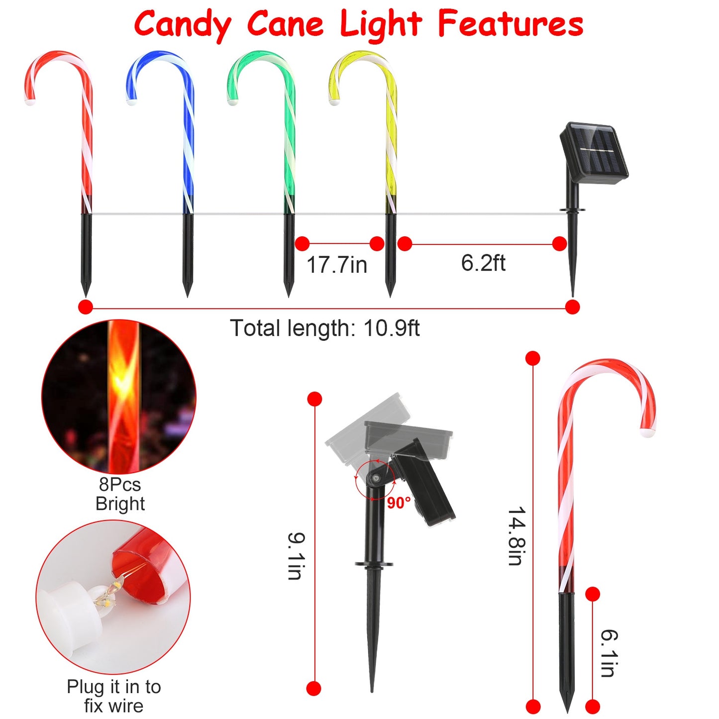 Solar Candy Cane Light - IP55 Waterproof Outdoor Christmas Decoration